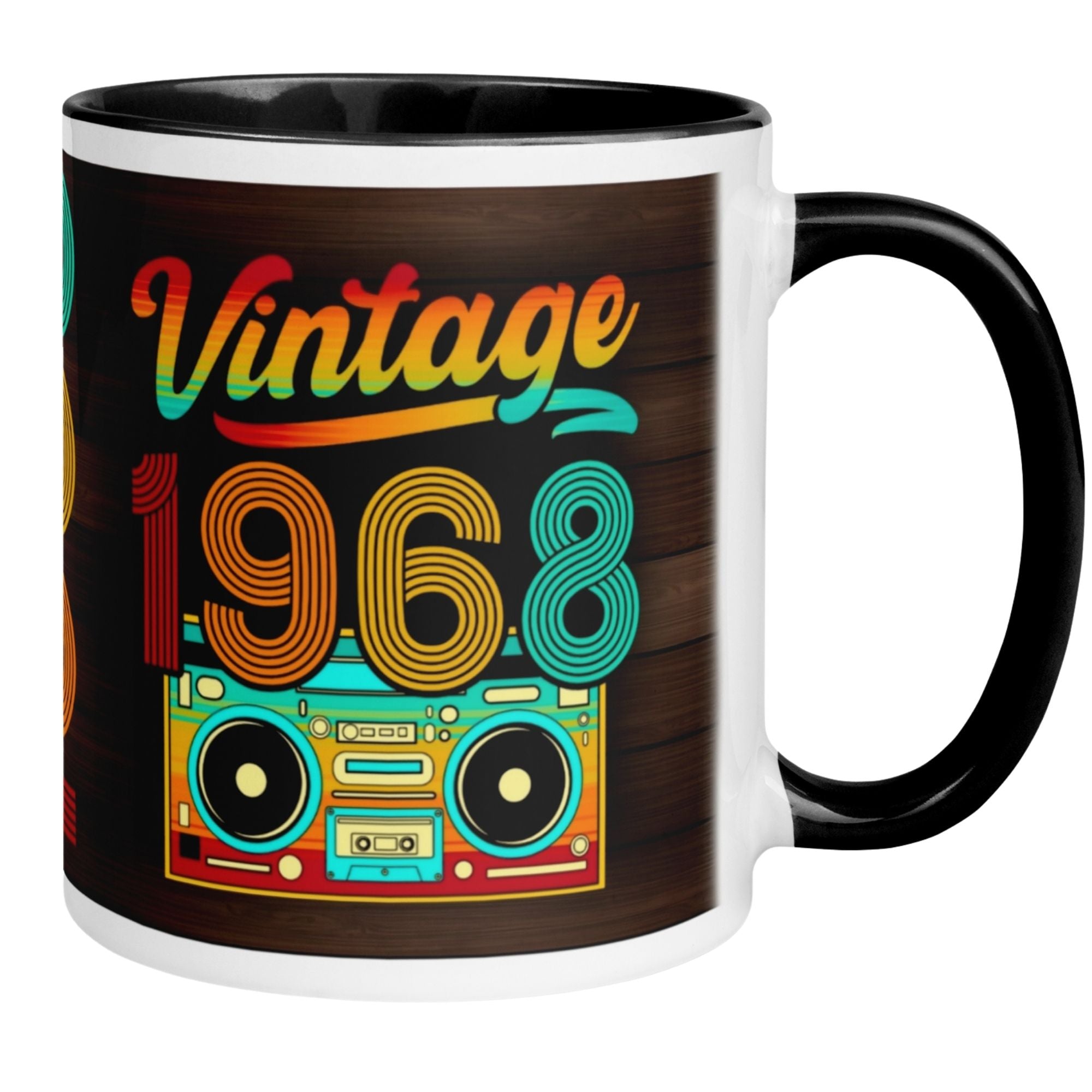 Vintage 1968 coffee mug featuring colorful retro design and boombox, perfect gift for 57th birthday.