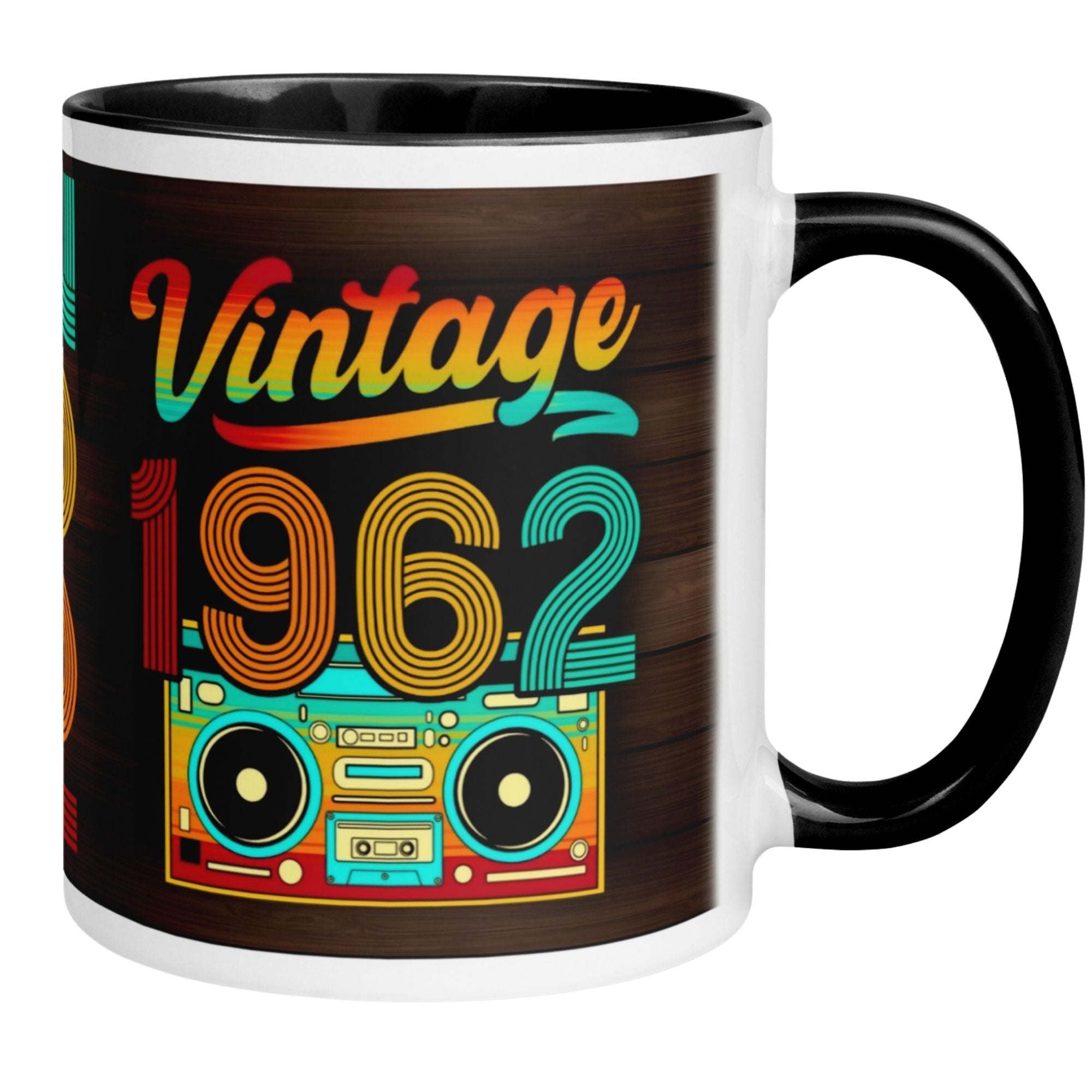Momentals® Vintage 1962 Tasse für den 63. Geburtstag mit buntem Retro-Design und Kassettenrekorder.