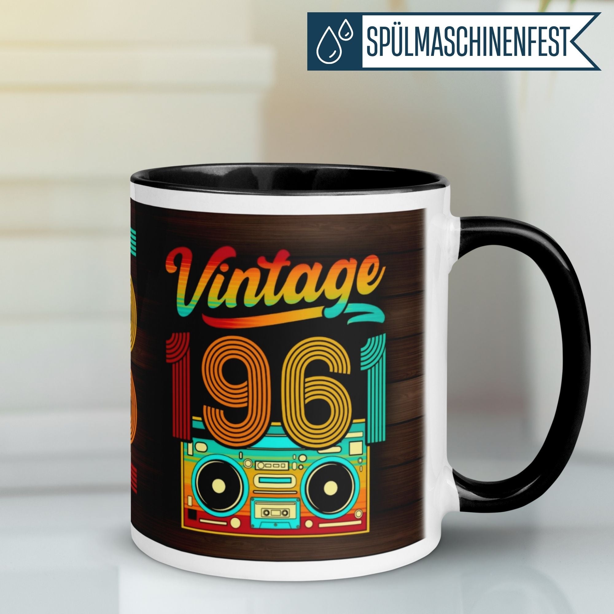 Retro birthday mug celebrating the 64th birthday with vibrant 'Vintage 1961' design and a boombox.