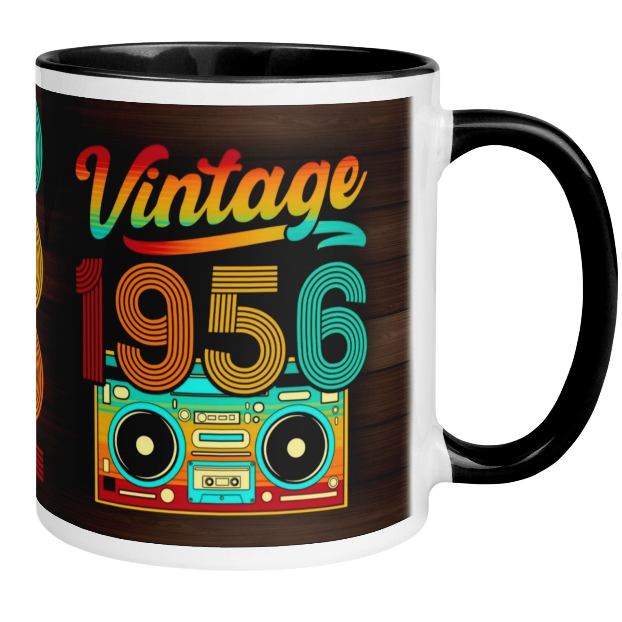 Vintage 1956 birthday mug featuring vibrant colors and retro boombox design, perfect for celebratory moments.