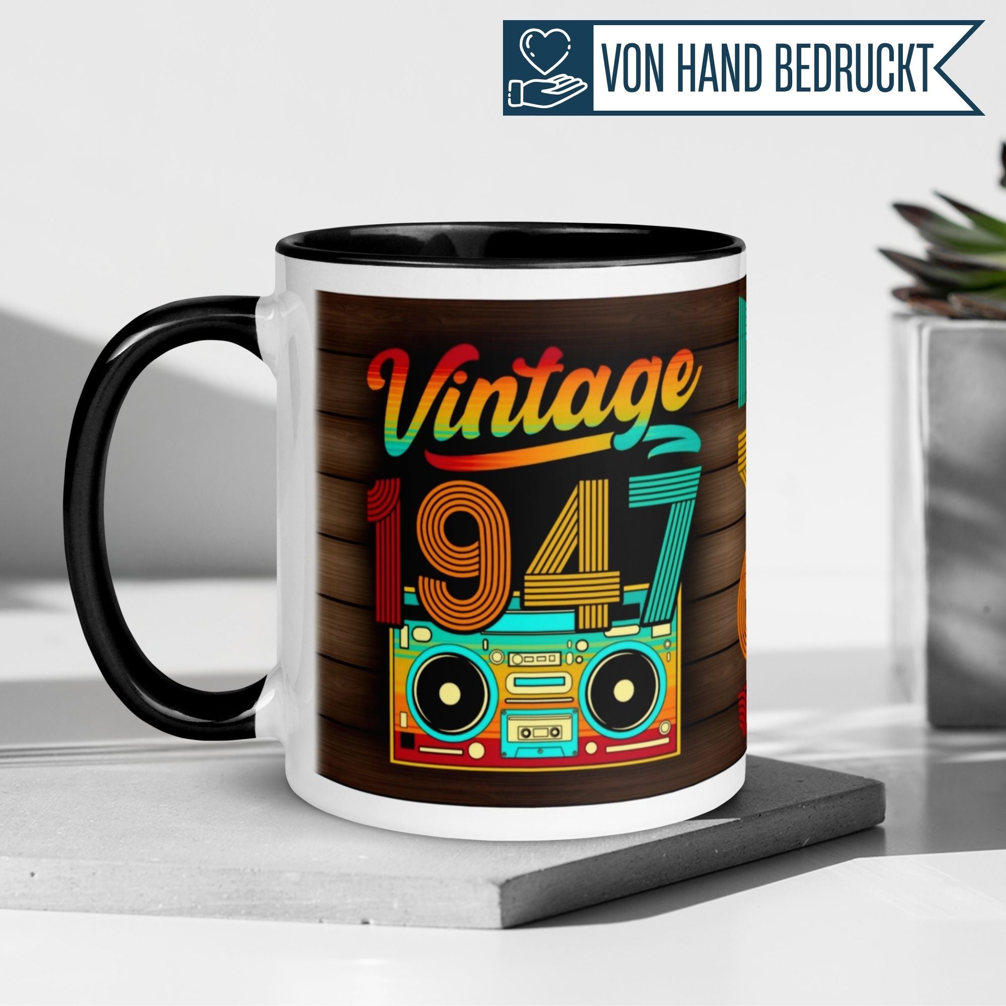 Momentals® retro birthday mug 78th birthday with vintage design 1947, perfect gift for coffee or tea lovers.