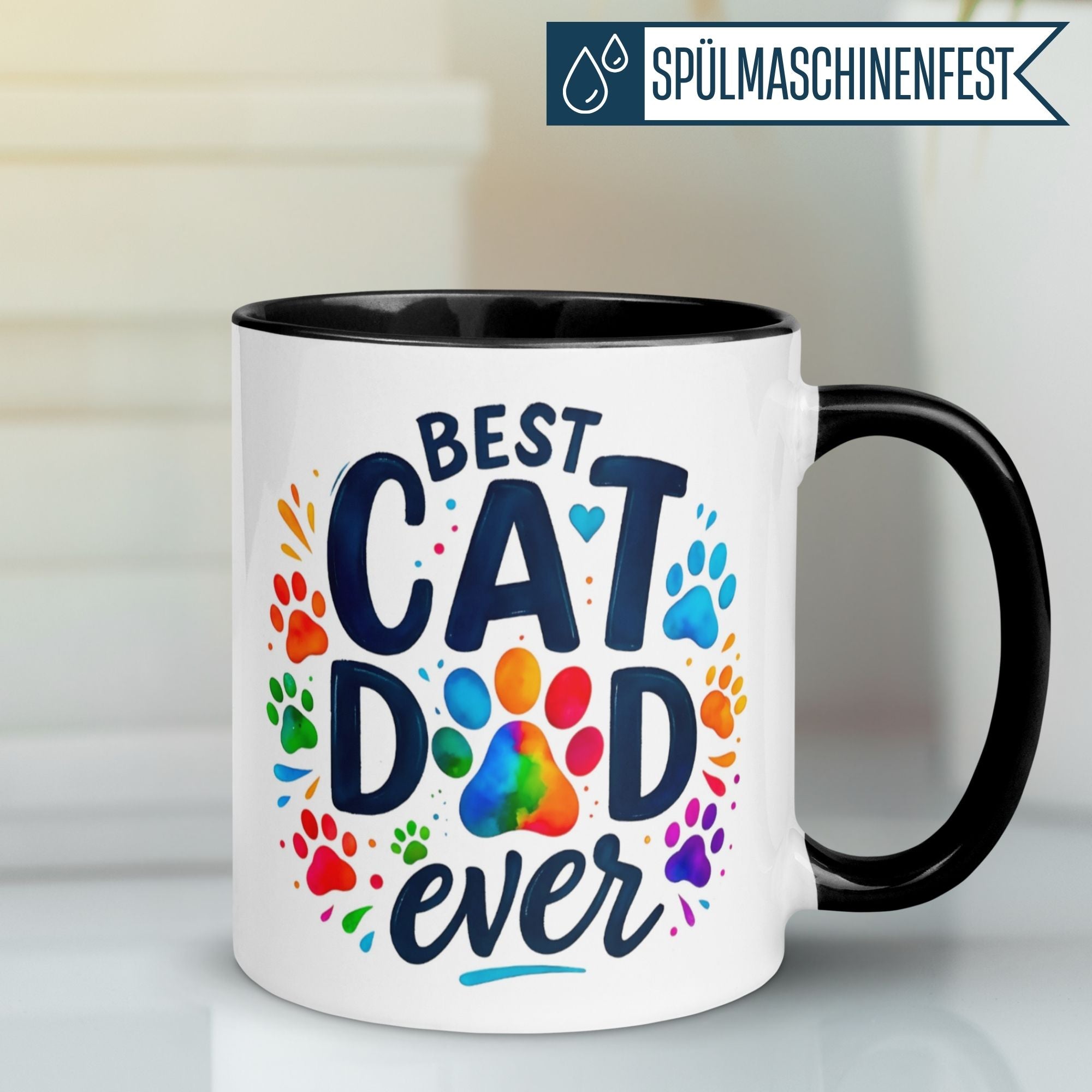 Bunte Tasse mit Aufschrift "Best Cat Dad ever" und Pfoten-Design für humorvolle Katzenliebhaber.