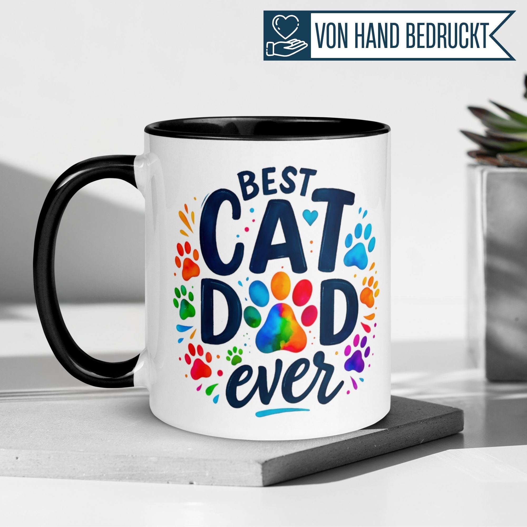 Best Cat Dad Ever mug with colorful paw print design, perfect gift for cat lovers.
