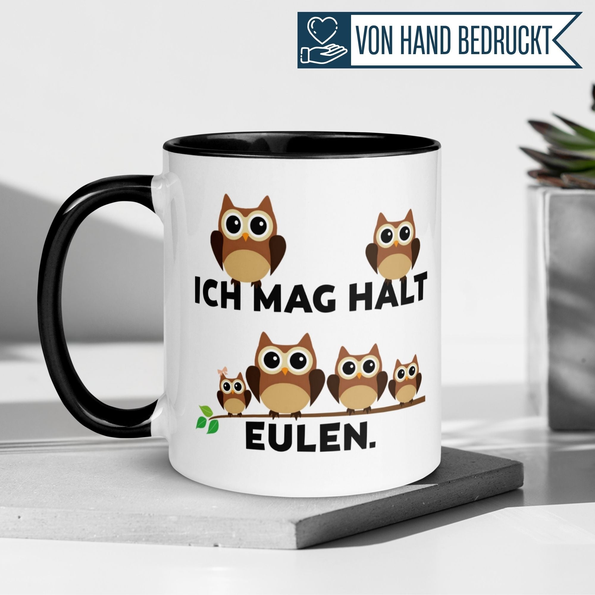 Momentals® Tasse mit Eulen-Motiv und Spruch "Ich mag halt Eulen" in humorvollem Design.