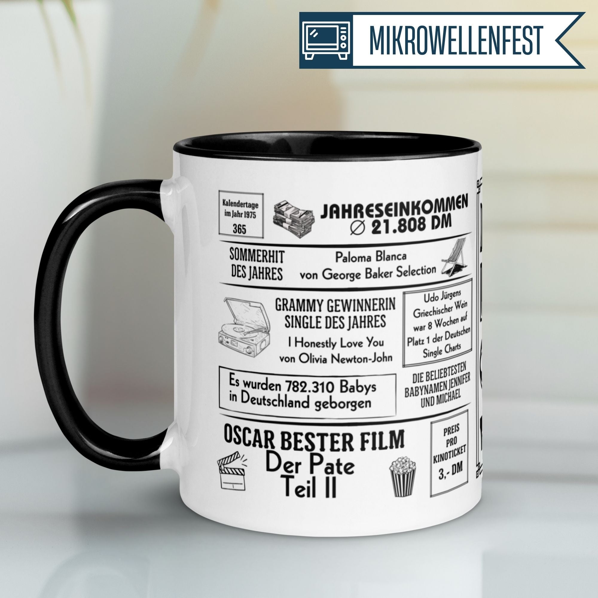 Momentals® Tasse 50. Geburtstag mit Zeitungsdesign aus 1975 für Kaffee oder Tee.