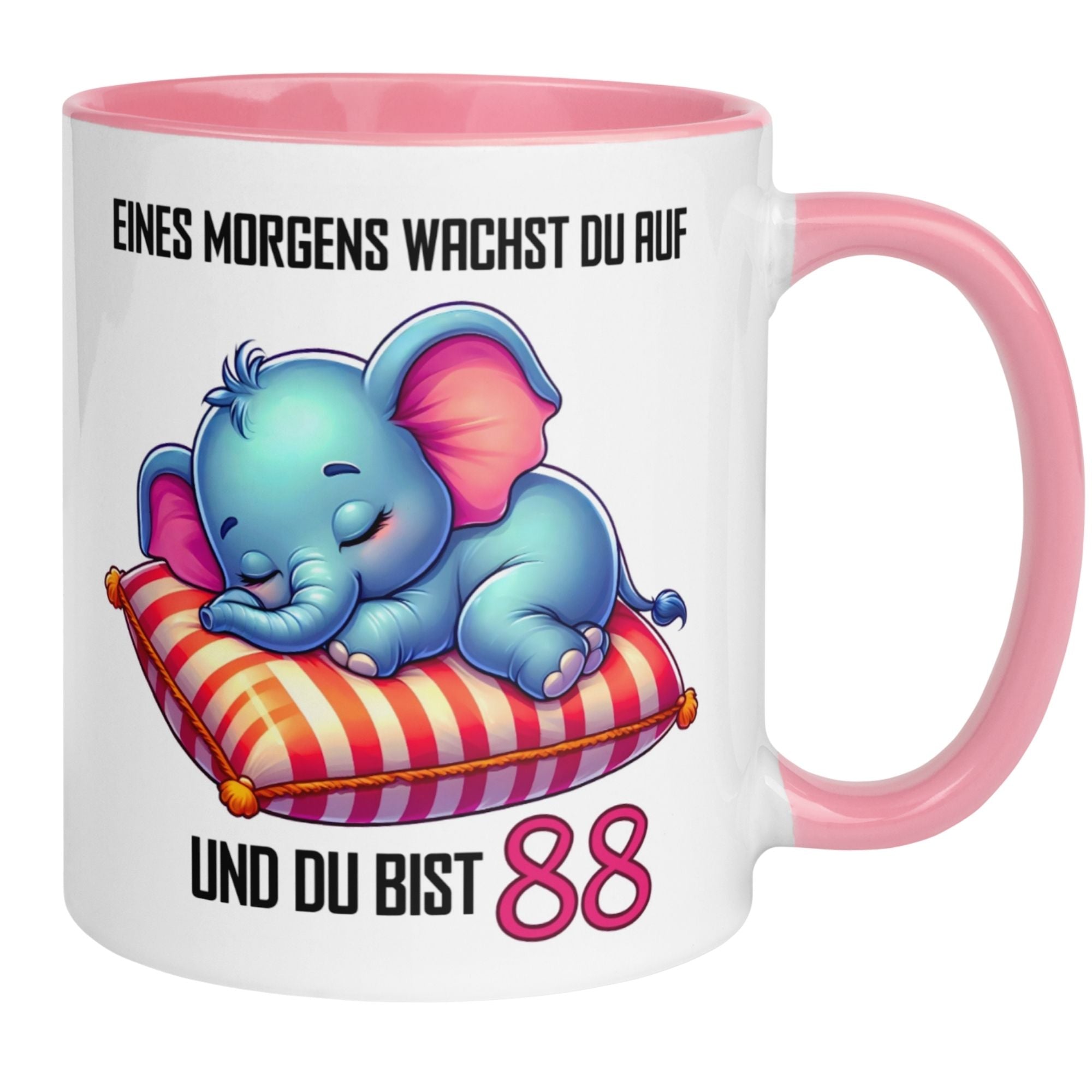 Tasse zum 88. Geburtstag mit schlafendem Elefanten und Spruch "Eines Morgens wachst du auf und du bist 88"