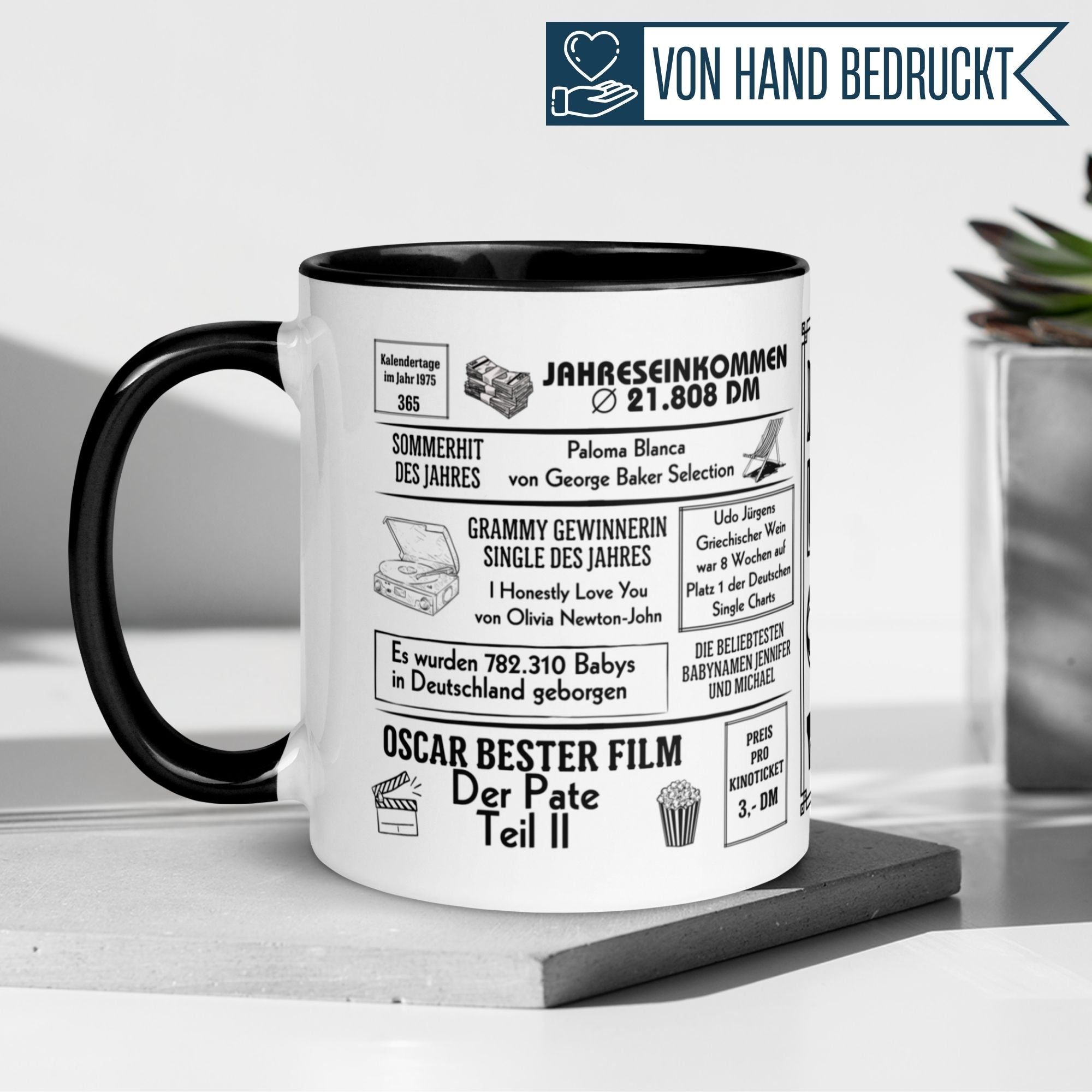 Momentals Tasse 50. Geburtstag im Zeitungstyle, ideal für Geburtstagskaffee oder Tee, feiert 1975.