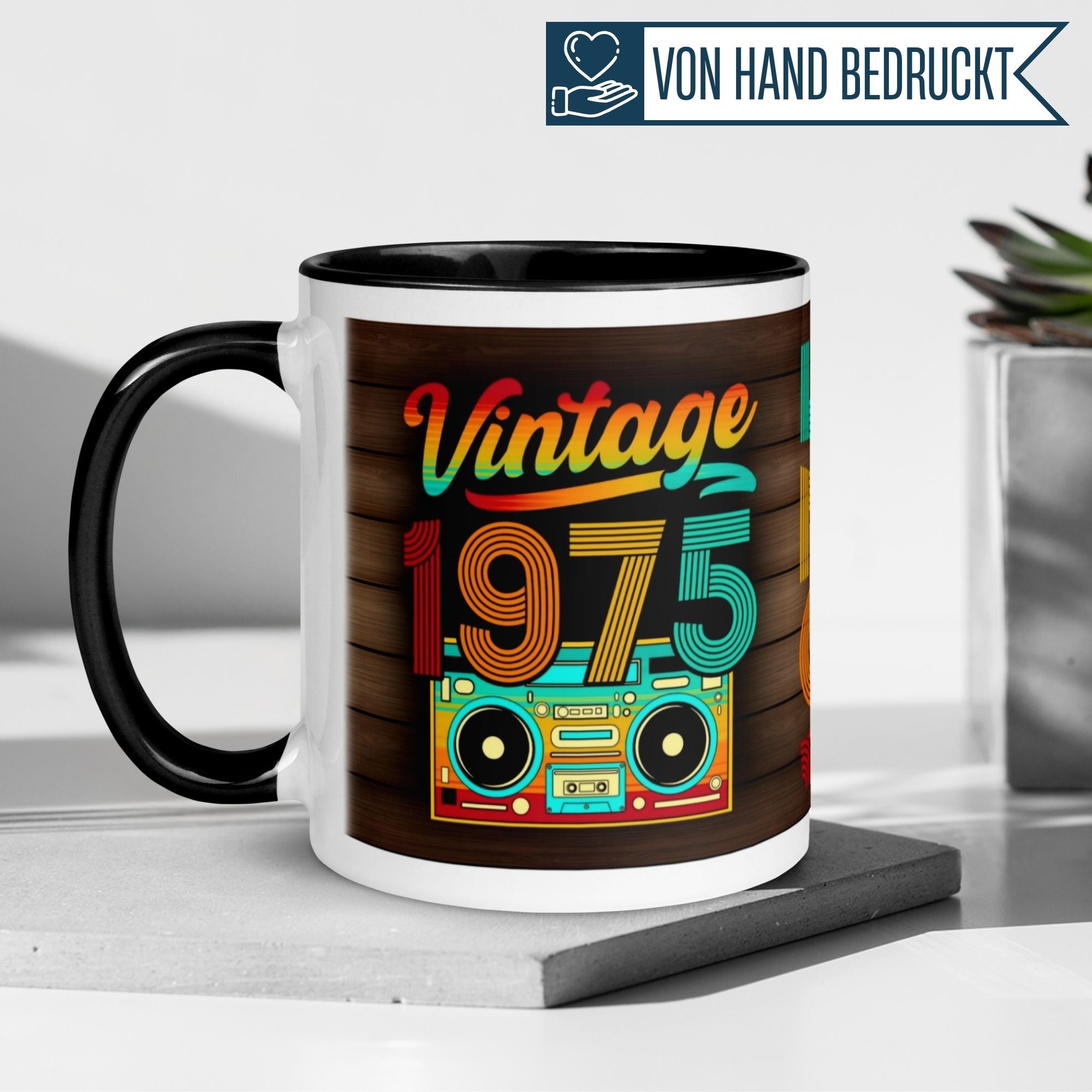 Kaffeetasse zum 50. Geburtstag mit Vintage 1975 Design und Retro-Radiorekord-Style. Perfekt für Männer!