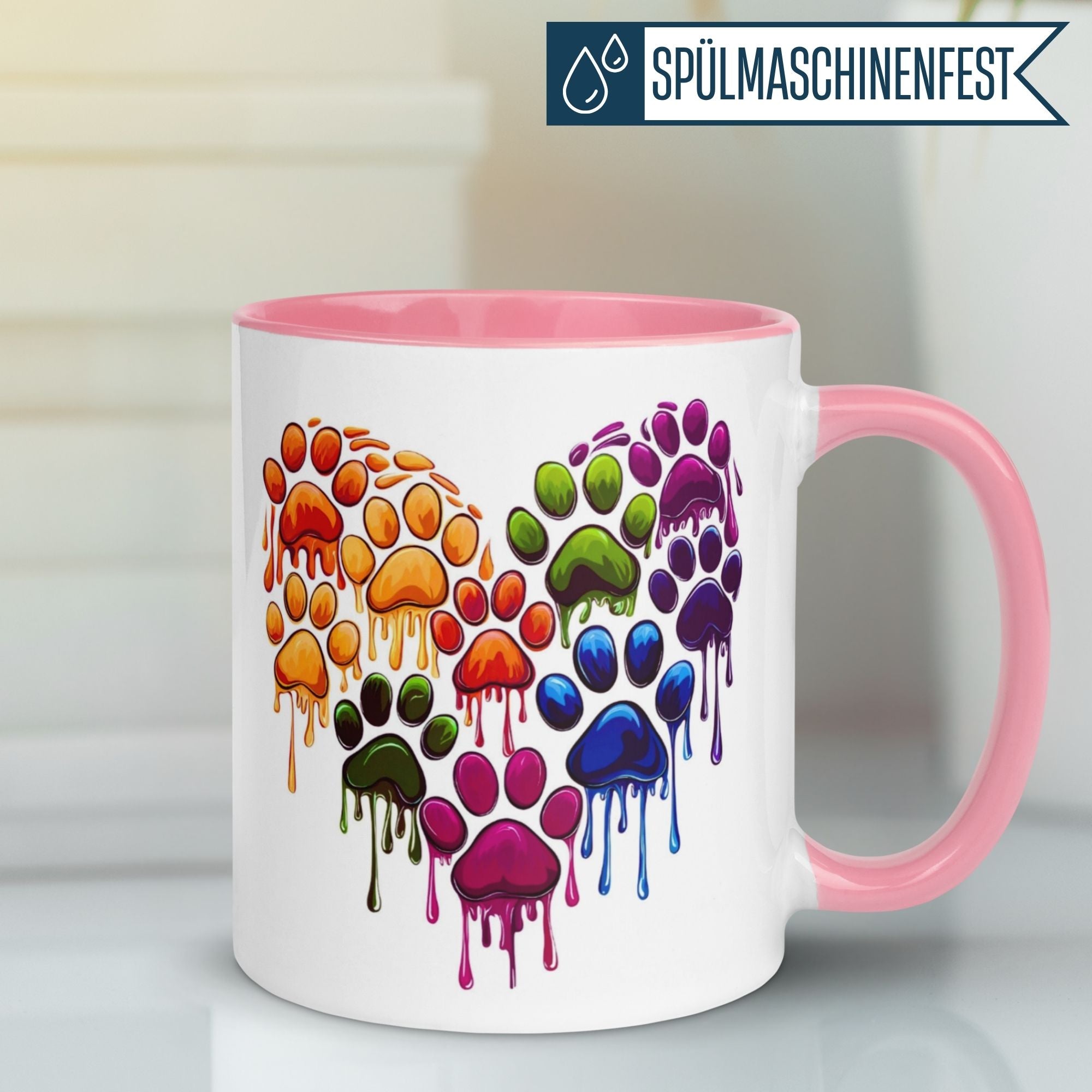 Bunte Katzenpfoten Tasse mit Herz-Motiv in Regenbogenfarben und pinkem Henkel