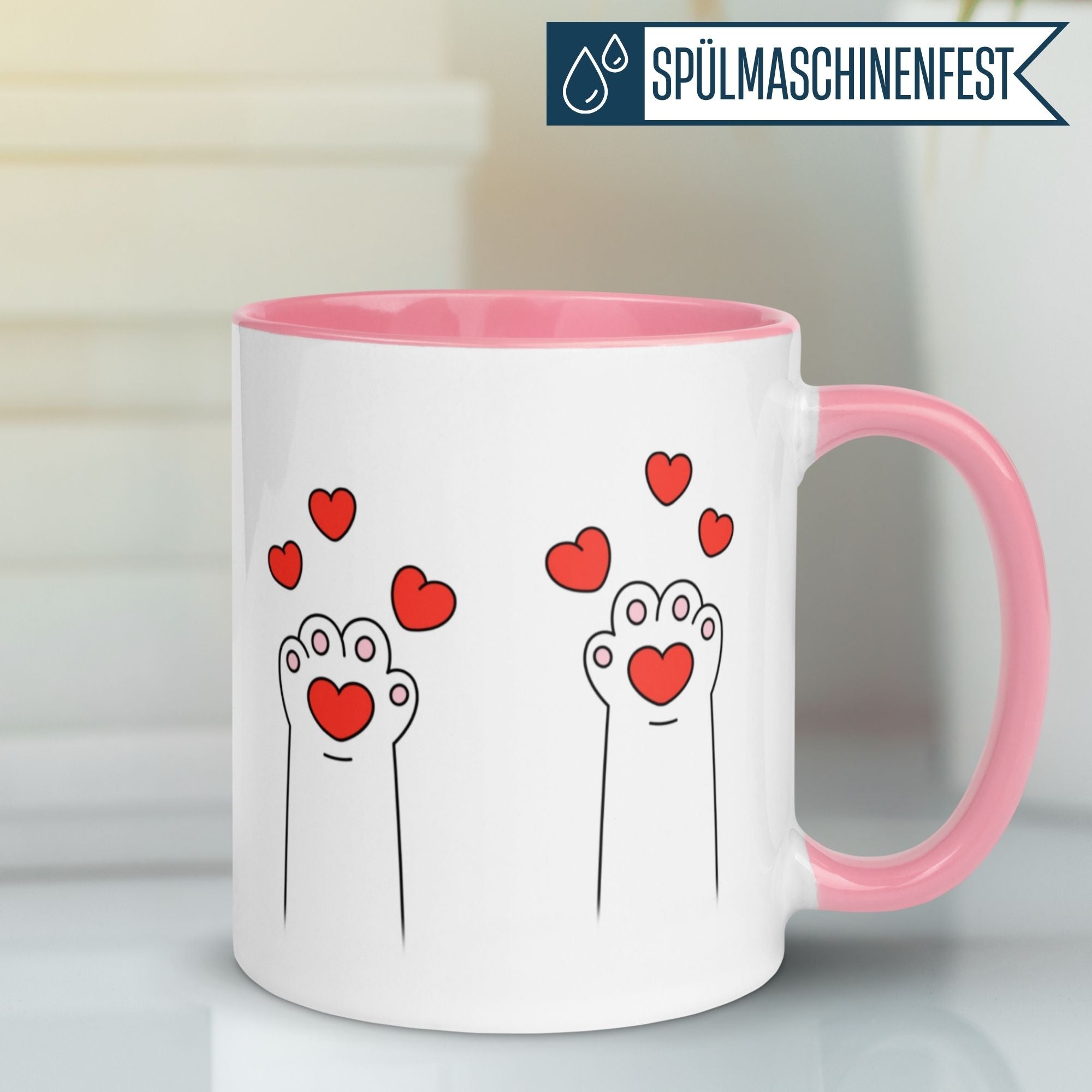 Momentals Tasse mit Katzenpfoten und Herzen, ideal für Katzenliebhaber und Geschenkideen.
