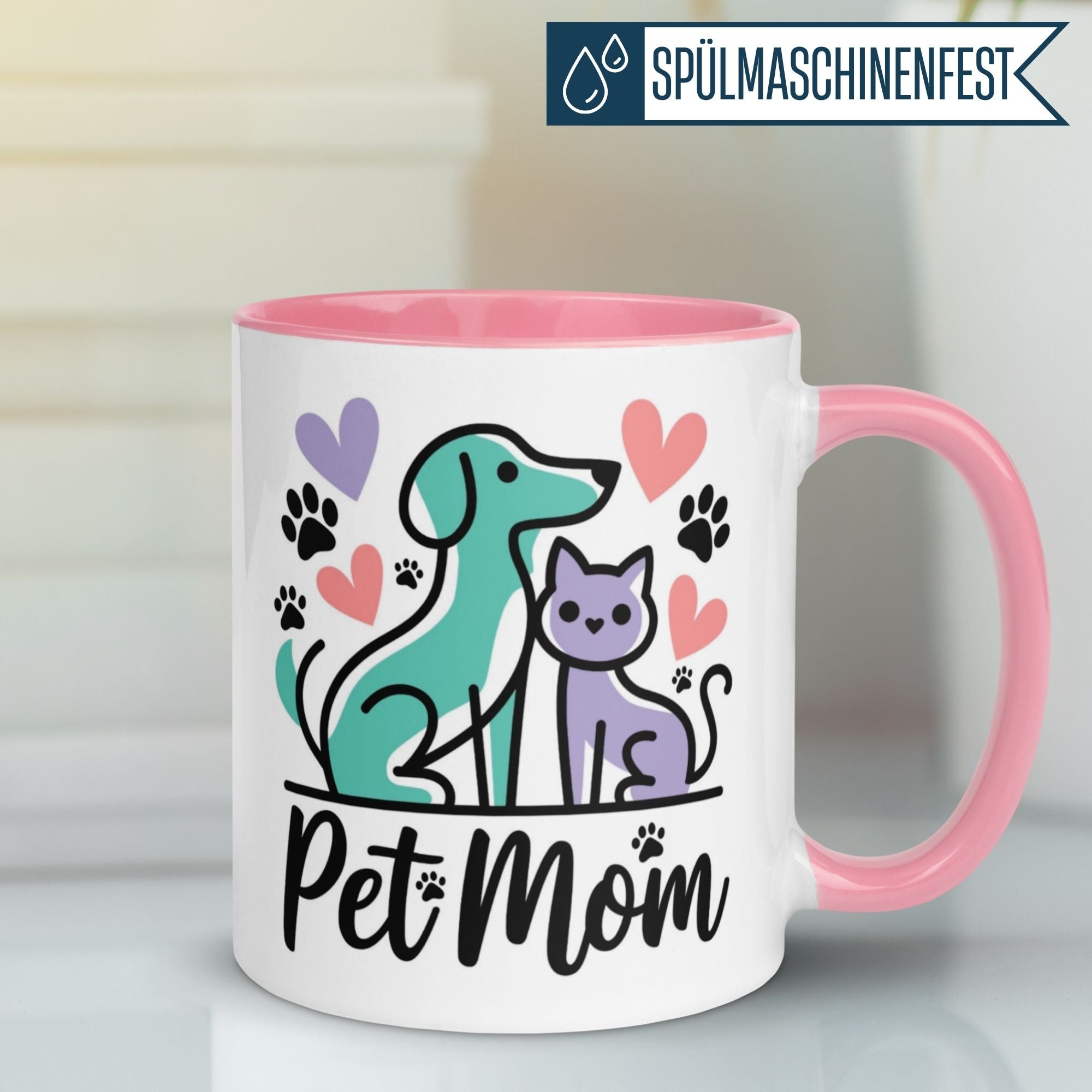 Momentals® Tasse 'Pet Mom' mit lila Katze und türkisfarbenem Hund, ideal für Haustierbesitzer.