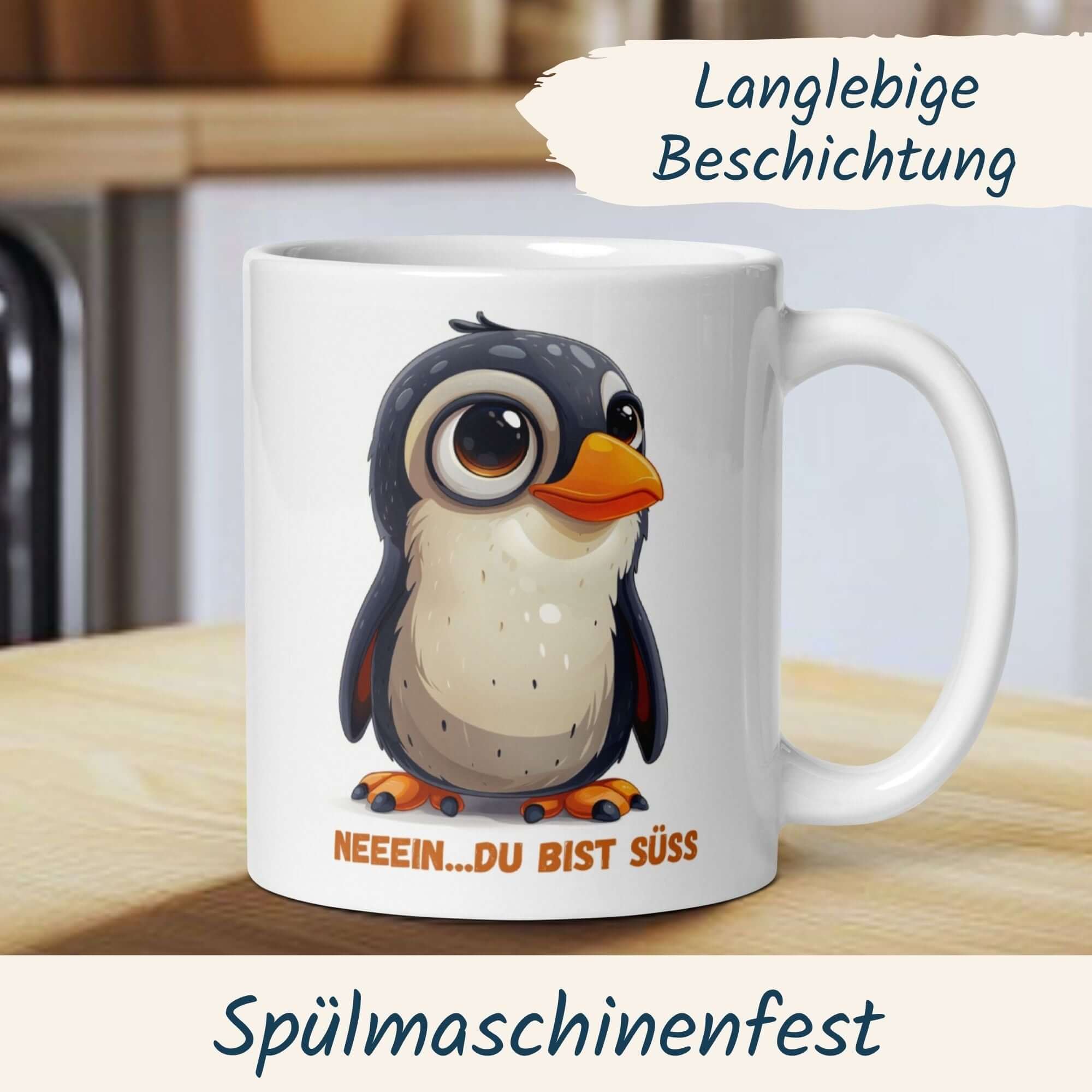 Cute penguin mug with text 'Neeein... du bist süß' perfect for gifting and showing affection.