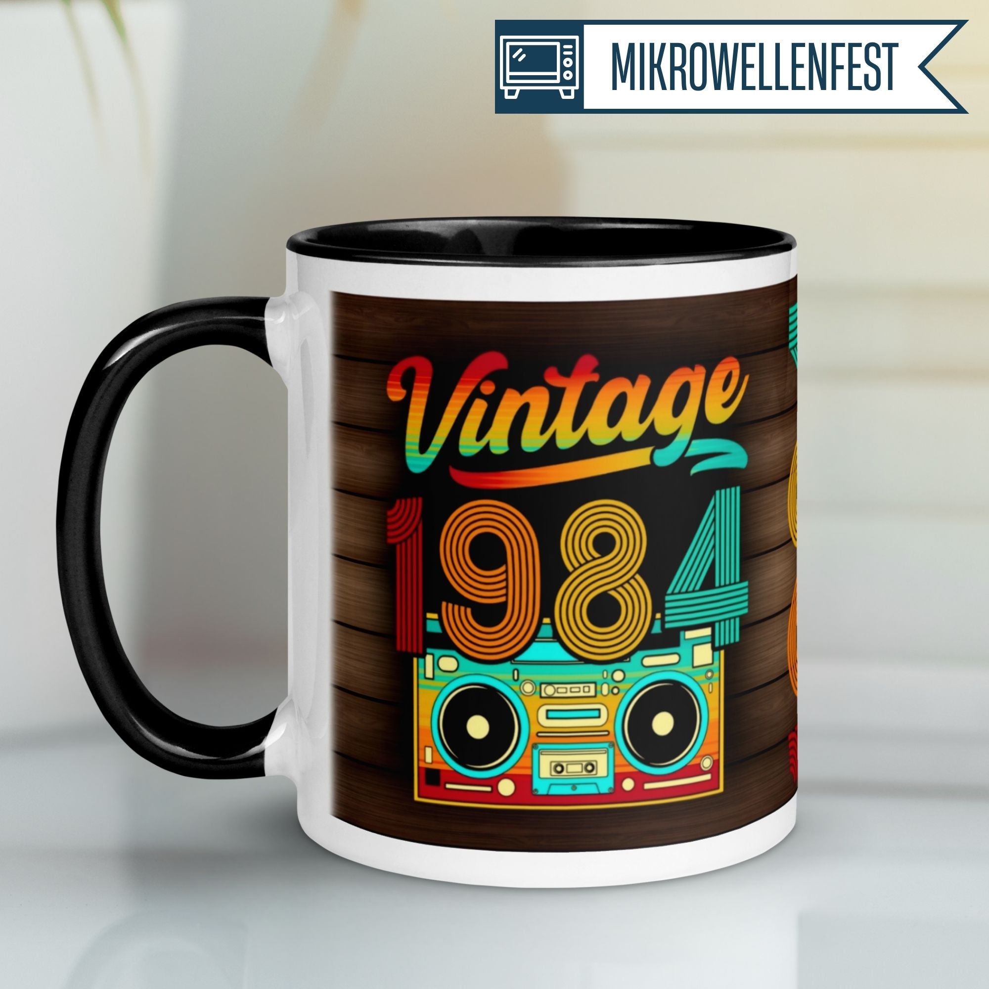 Momentals 41st birthday mug featuring retro 1984 design with vibrant colors and vintage boombox.