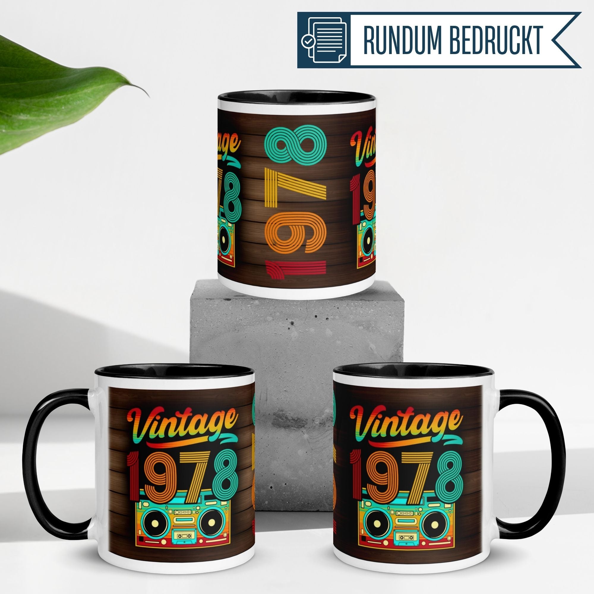 Bunte Vintage-Tassen mit 1978-Design, perfekt für den 47. Geburtstag, rundum bedruckt.