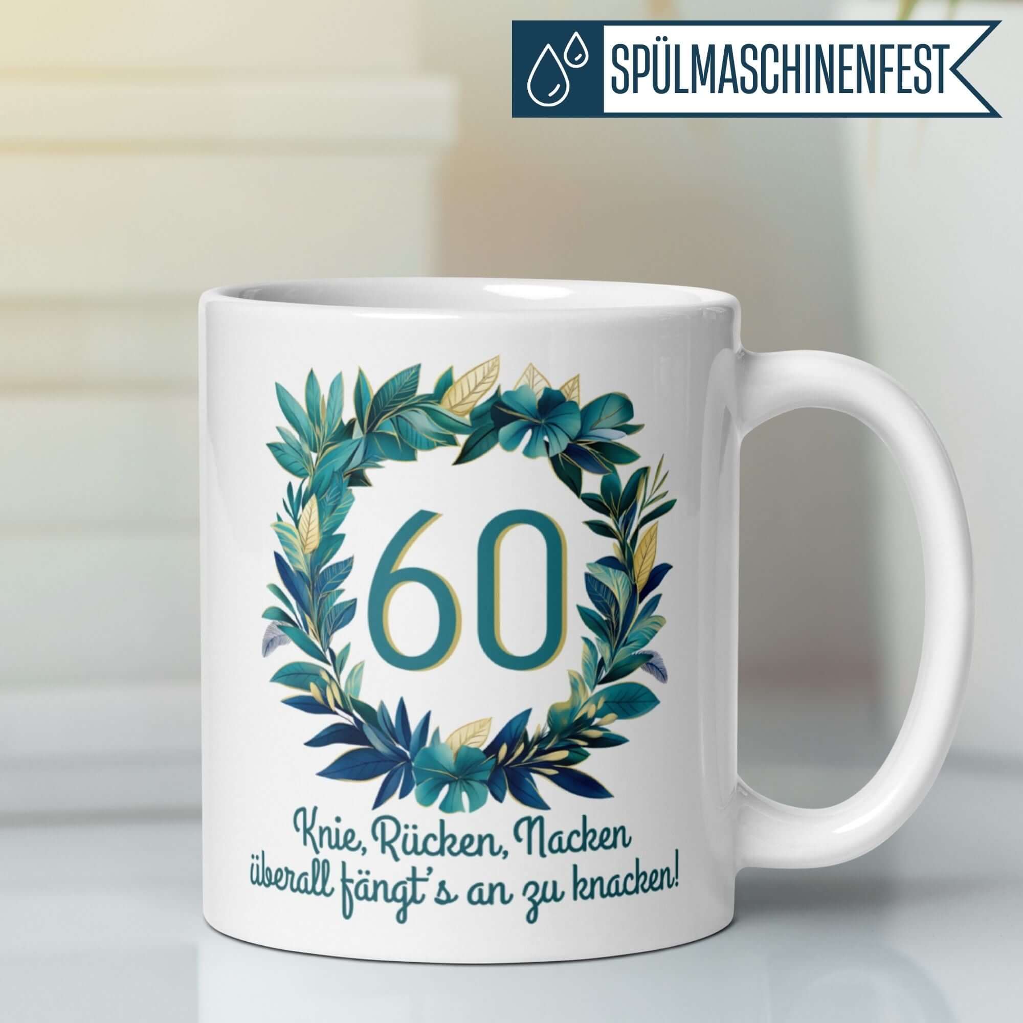 Momentals® Tasse für 60. Geburtstag mit spritzigem Spruch und floralem Kranz- ideal für den Tisch!
