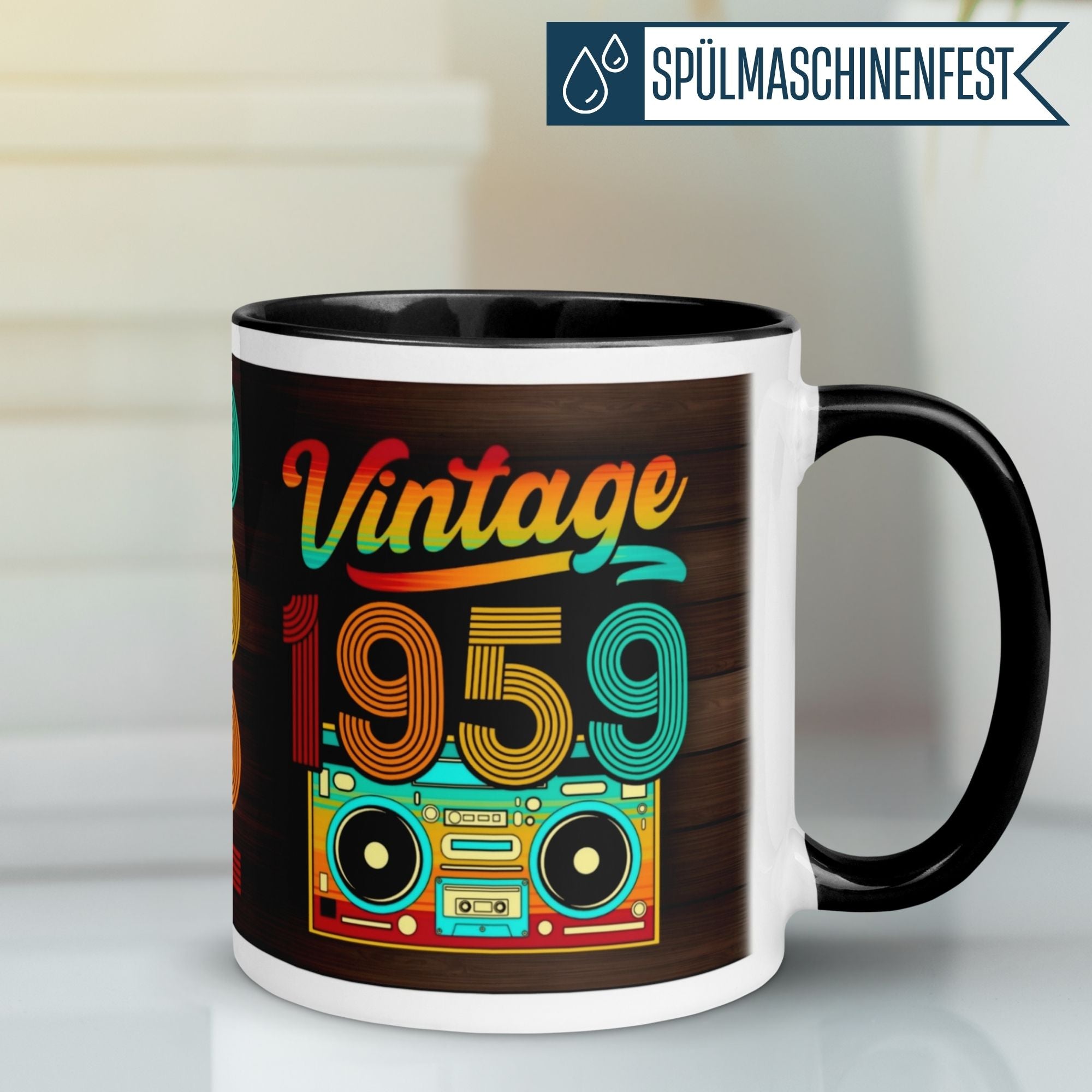 Momentals® Geburtstagstasse für 66 Jahre mit Retro Vintage Design 1959 und kunterbunter Boombox.