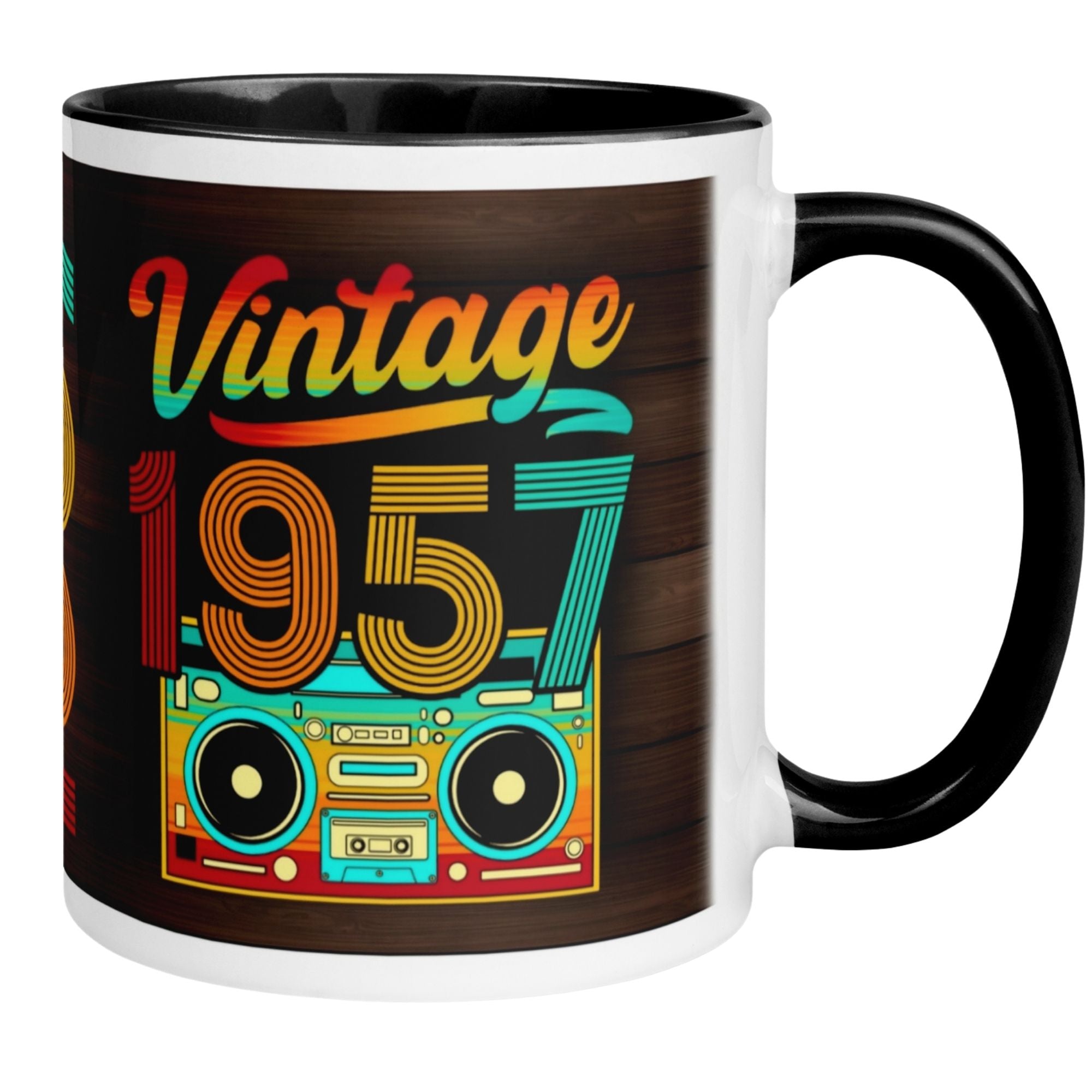 Momentals® Tasse für den 68. Geburtstag mit Vintage-Design 1957 und retro Boombox-Illustration.