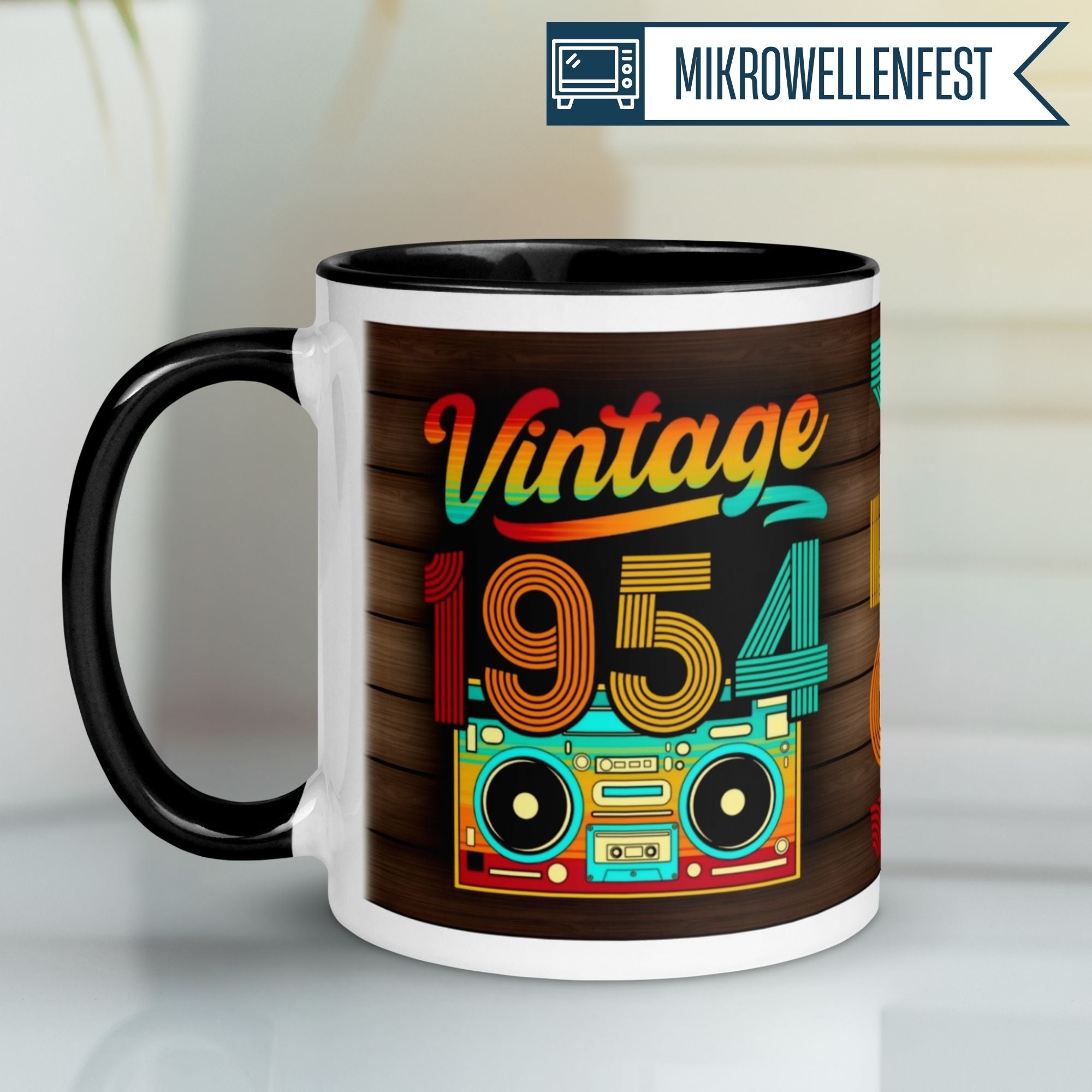 Momentals® 71st birthday mug featuring retro design, colorful 'Vintage 1954' text and boombox graphics.