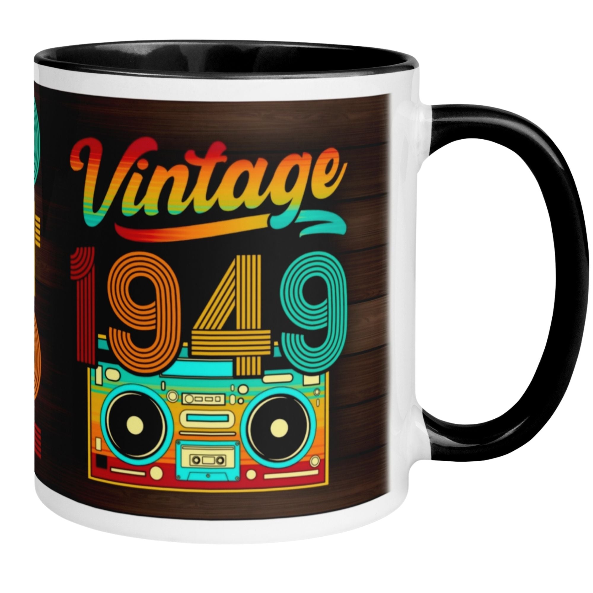 Vintage 1949 birthday mug with colorful retro design and boombox, perfect for celebrating a 76th birthday.