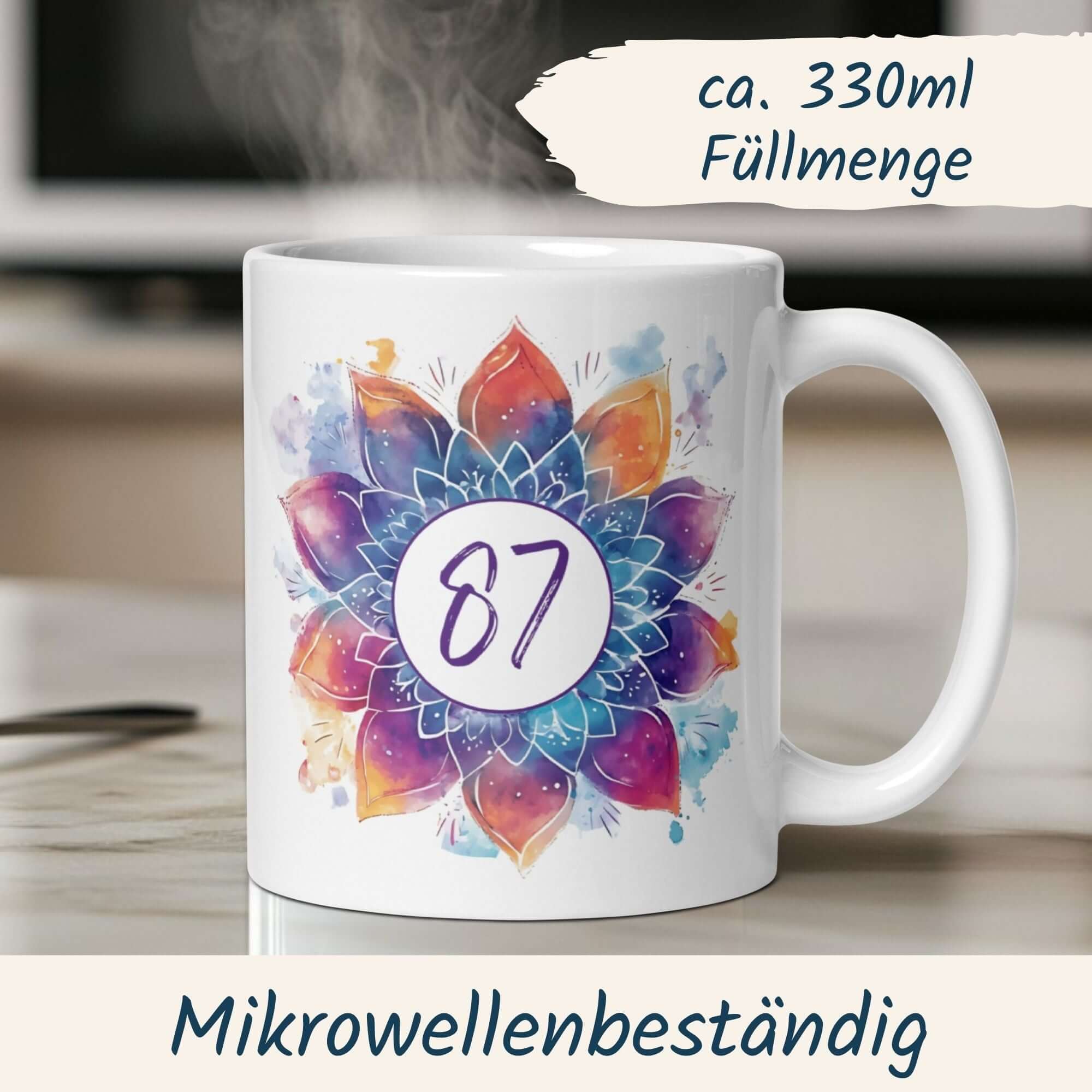 Bunte Mandala-Tasse zum 87. Geburtstag mit inspirierender Blütenillustration und der Zahl 87.