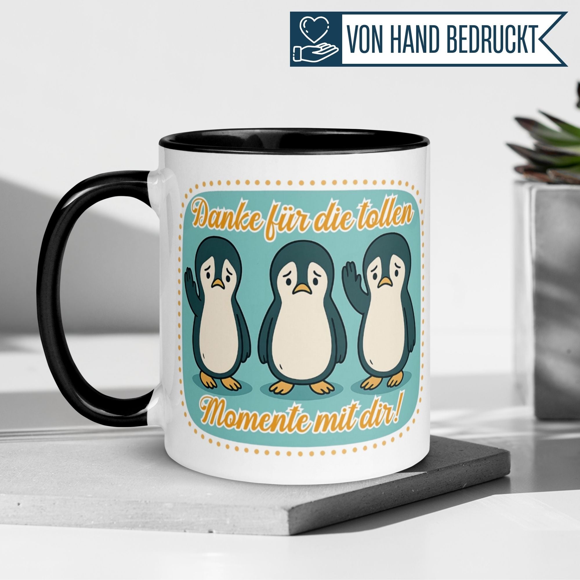 Momentals® Tasse mit Pinguinen, Spruch: Danke für die tollen Momente mit dir, perfekte Abschiedsgeschenk für Kollegen.