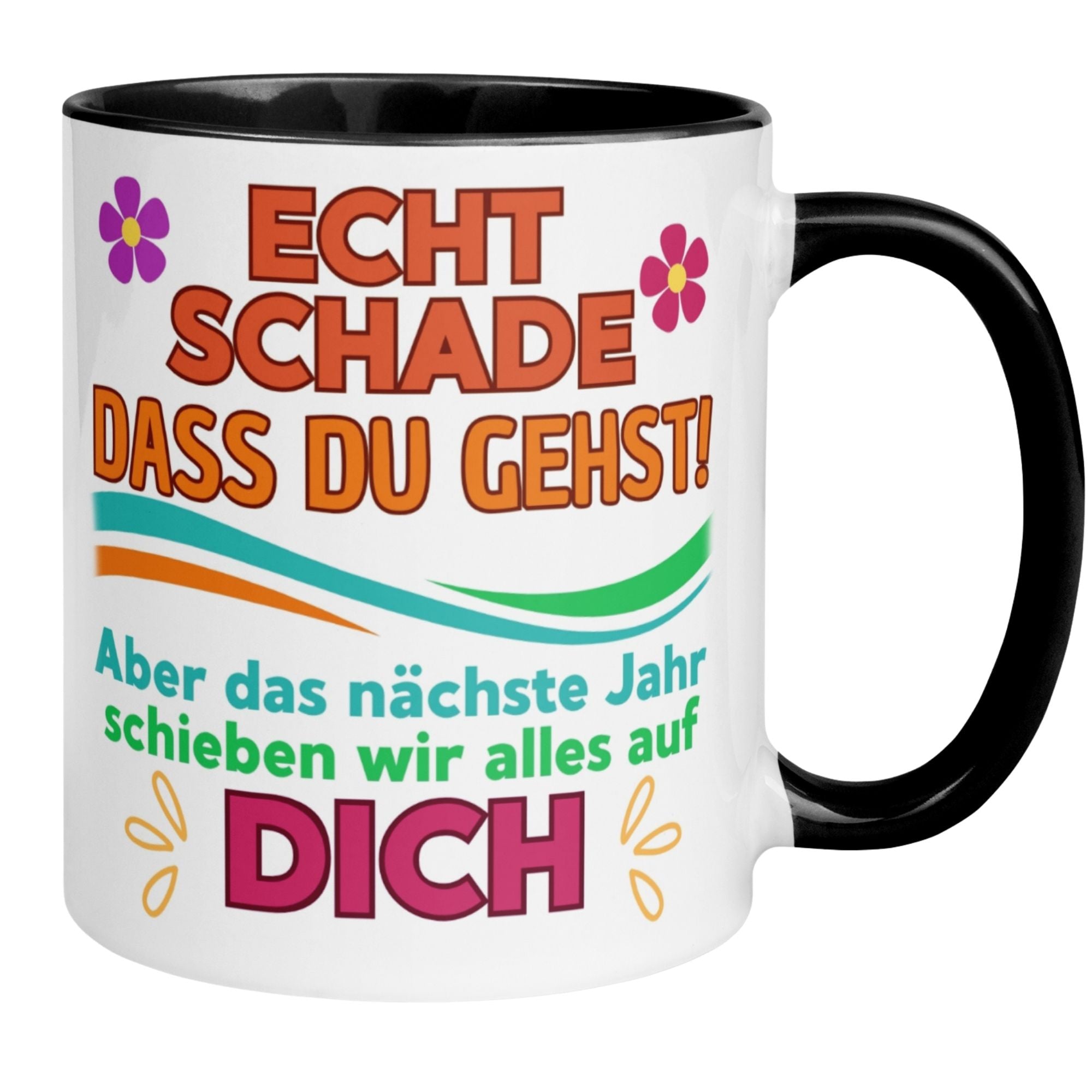 Momentals Tasse mit humorvollem Abschiedsspruch und bunten Motiven für den Jobwechsel.