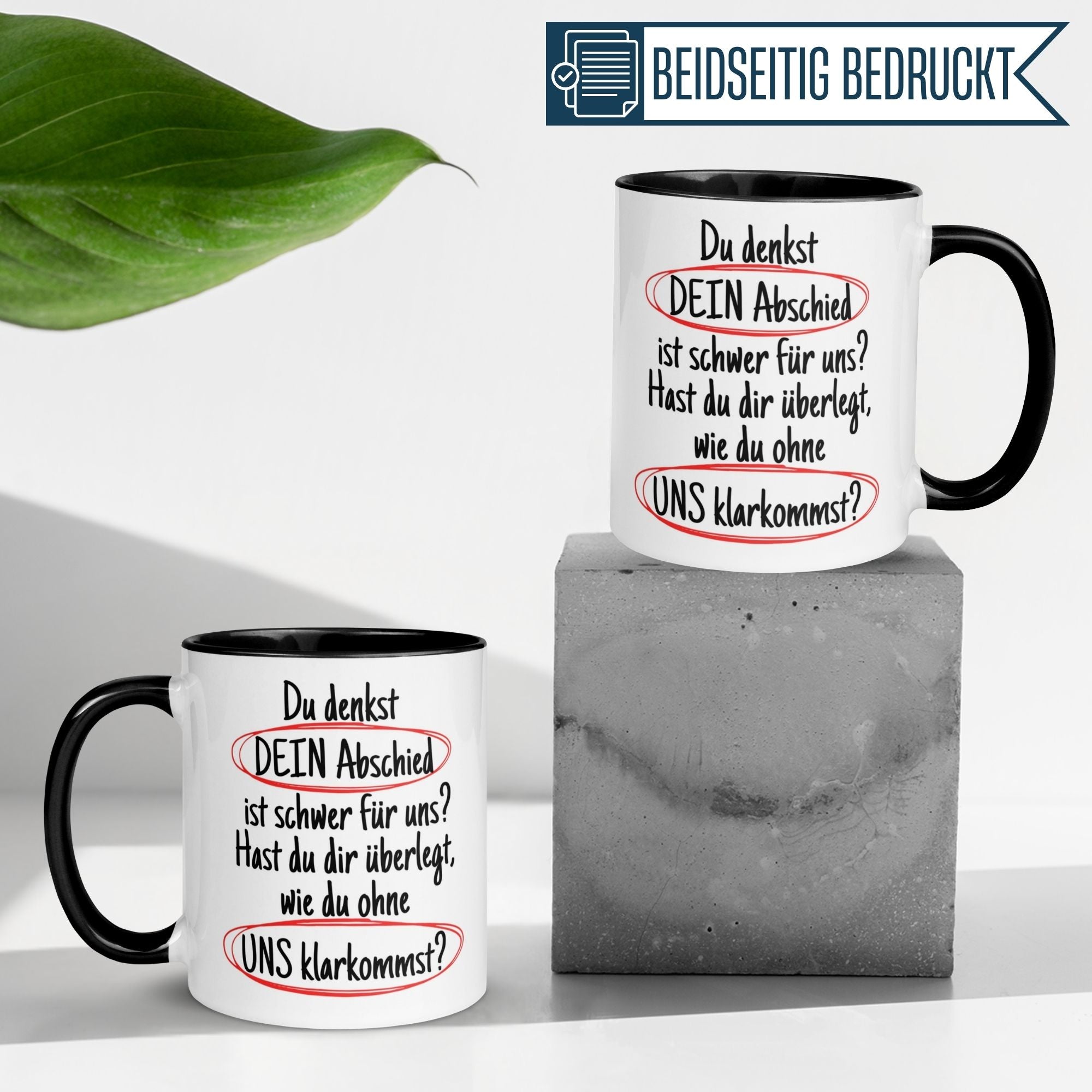 Momentals Tasse Abschied mit humorvollem Spruch über den Jobabschluss und Wertschätzung für Kollegen.