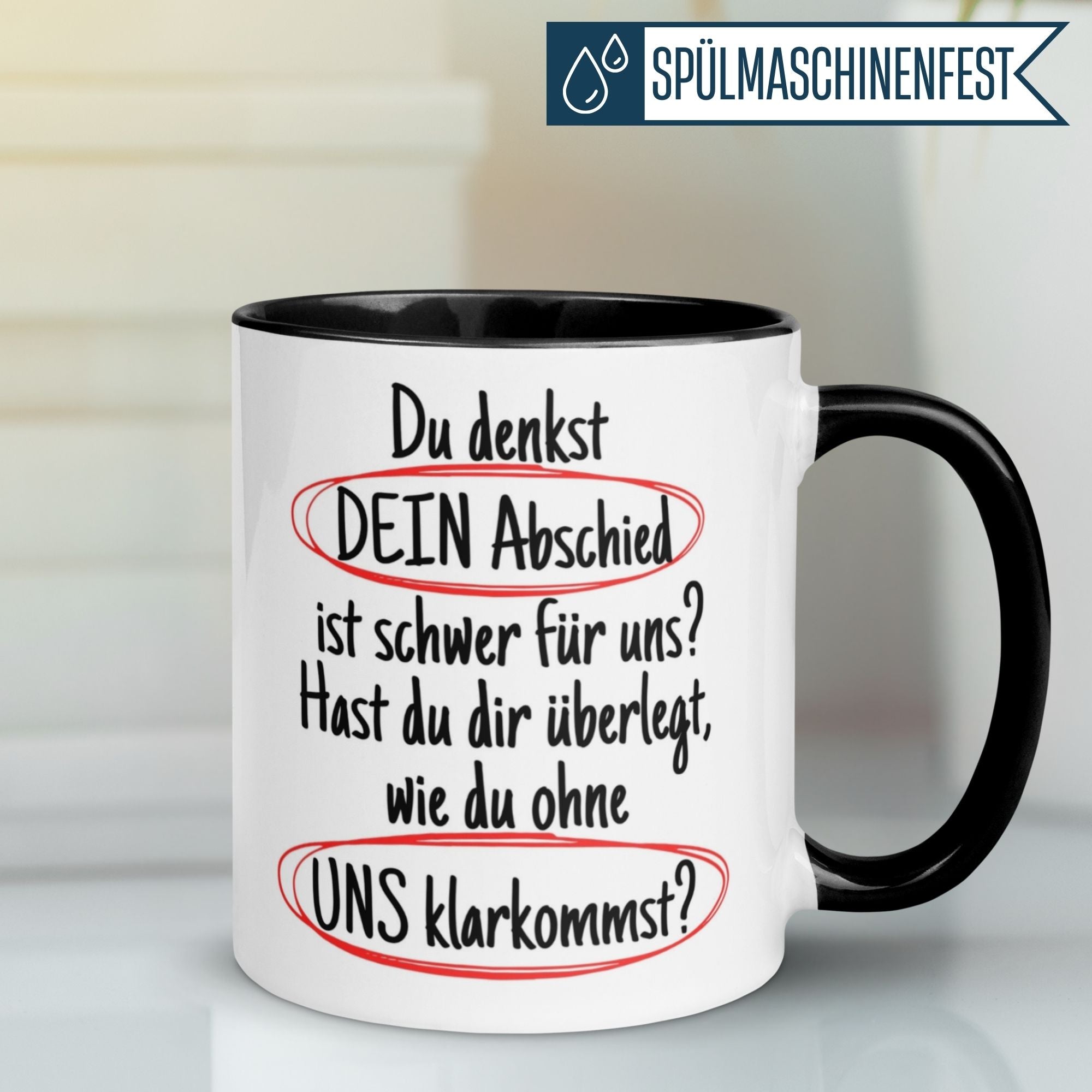 Momentals Tasse mit spritzigem Abschiedsspruch für Kollegen, humorvolle Job-Abschiedsgeschenke.
