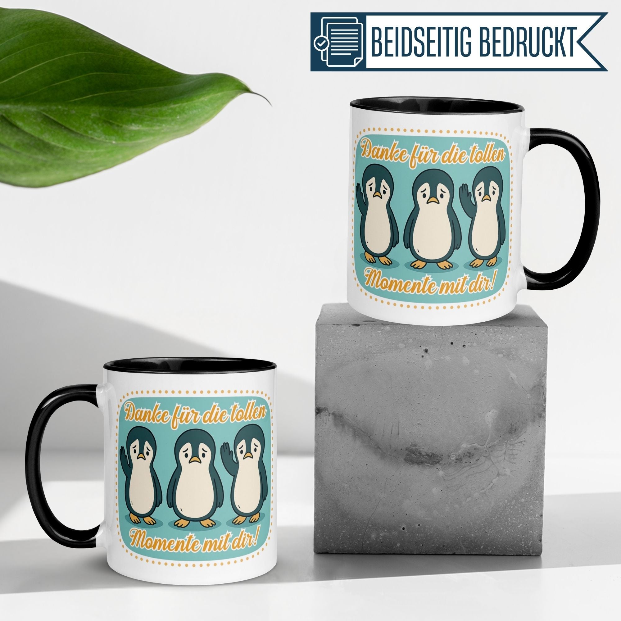 Momentals Tasse mit Pinguinen und Abschiedsspruch 'Danke für die tollen Momente mit dir'.