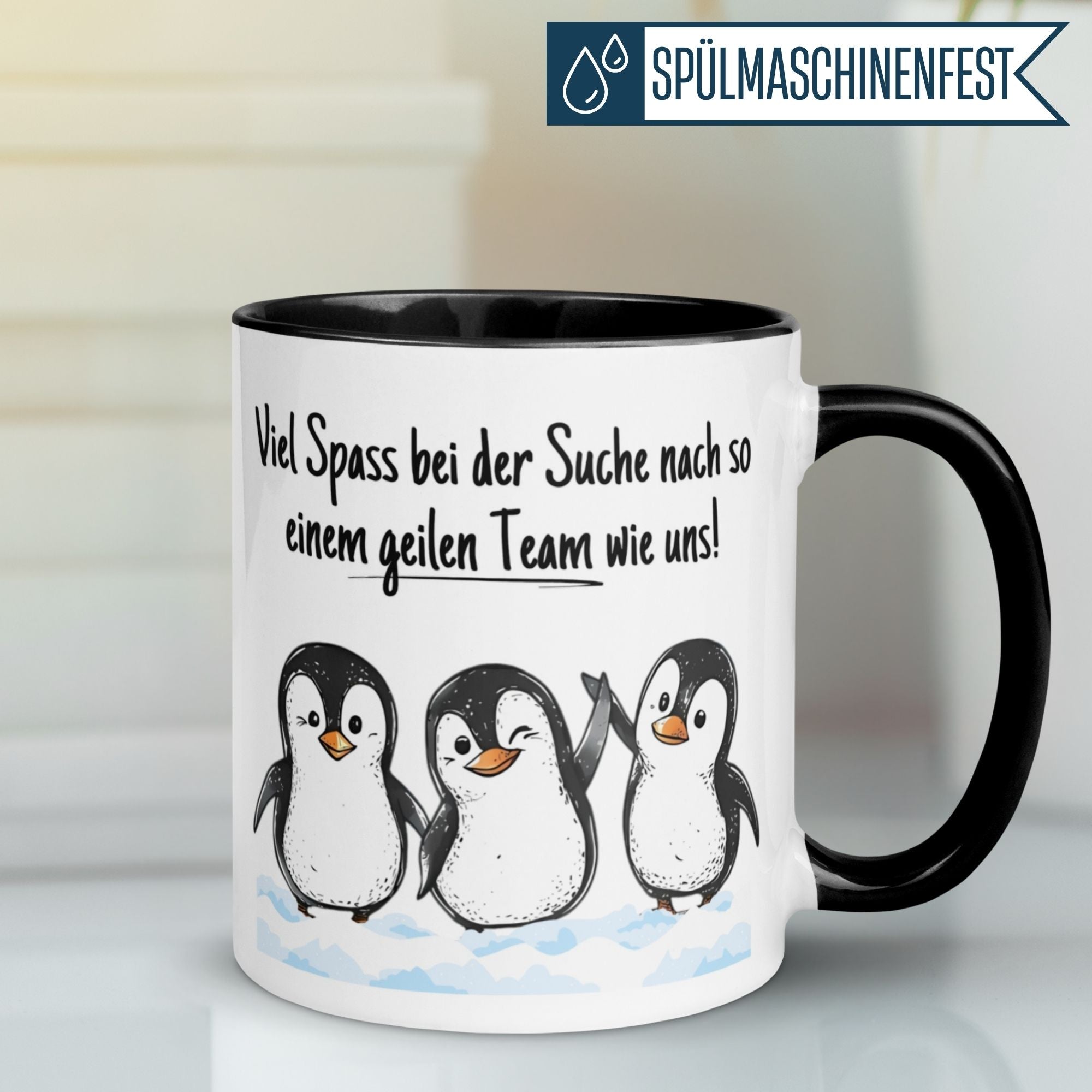Momentals® Abschiedstasse mit Pinguinen und spritzigem Spruch für Jobwechsel.
