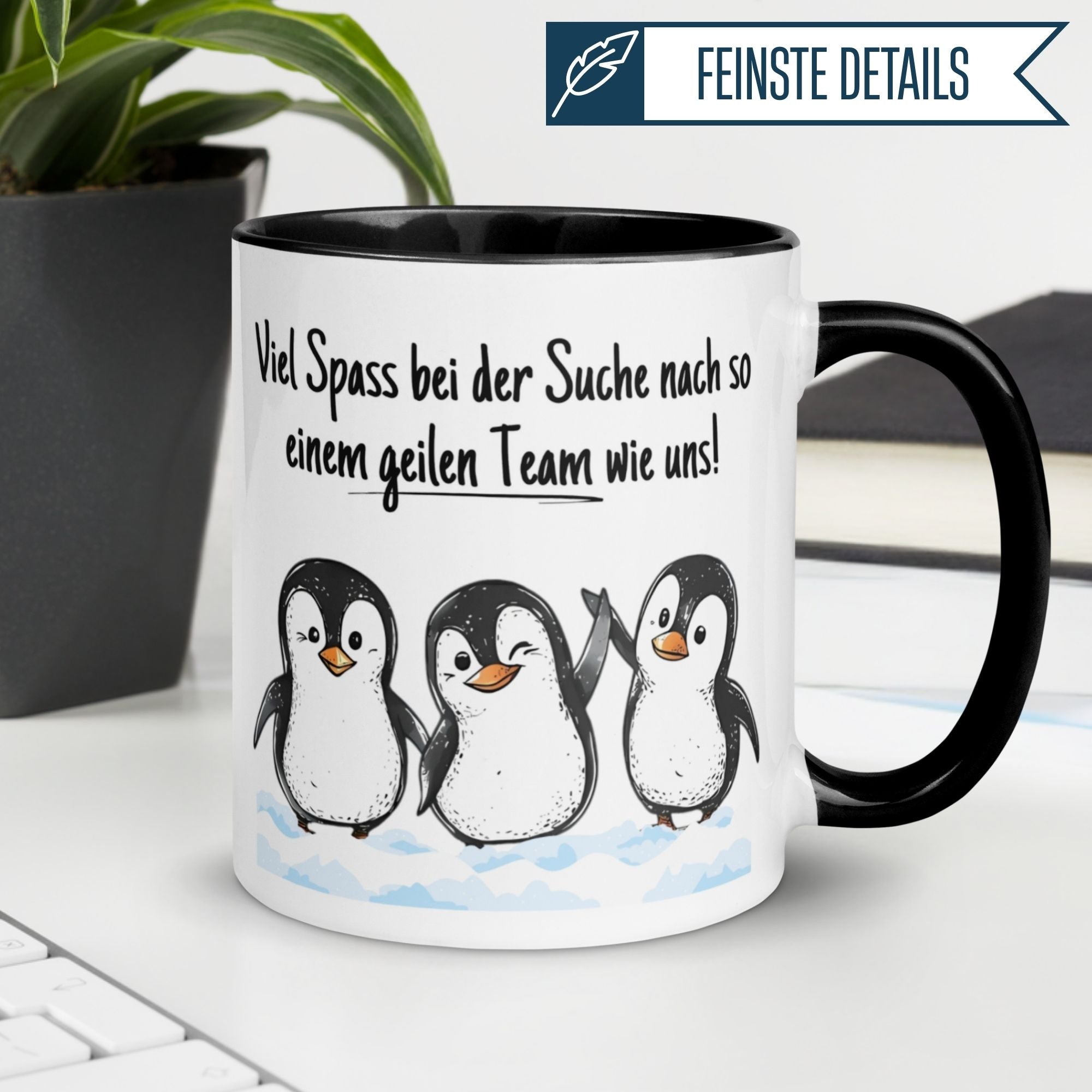 Momentals® Tasse mit Pinguinen und Spruch für Abschiedskollegen – humorvolles Geschenk für das Team.
