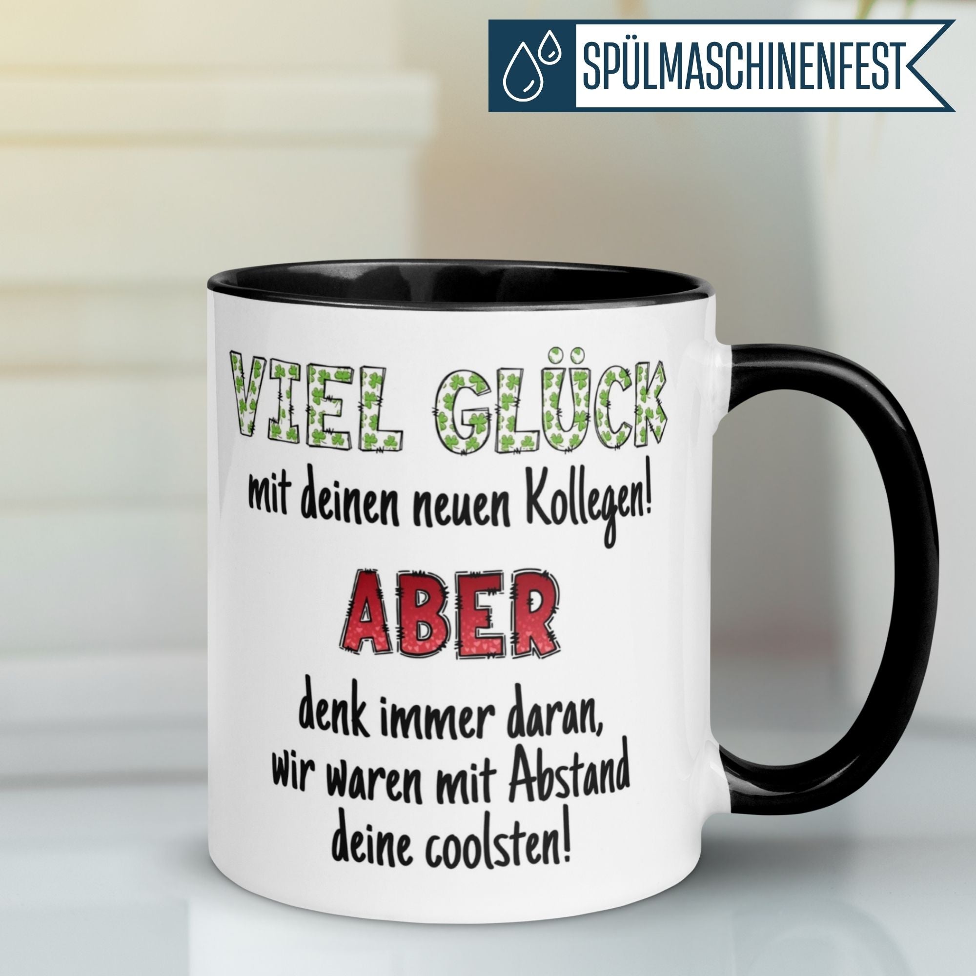 Momentals® Abschiedstasse mit Spruch: 'Viel Glück mit deinen neuen Kollegen!' und Kleeblättern.