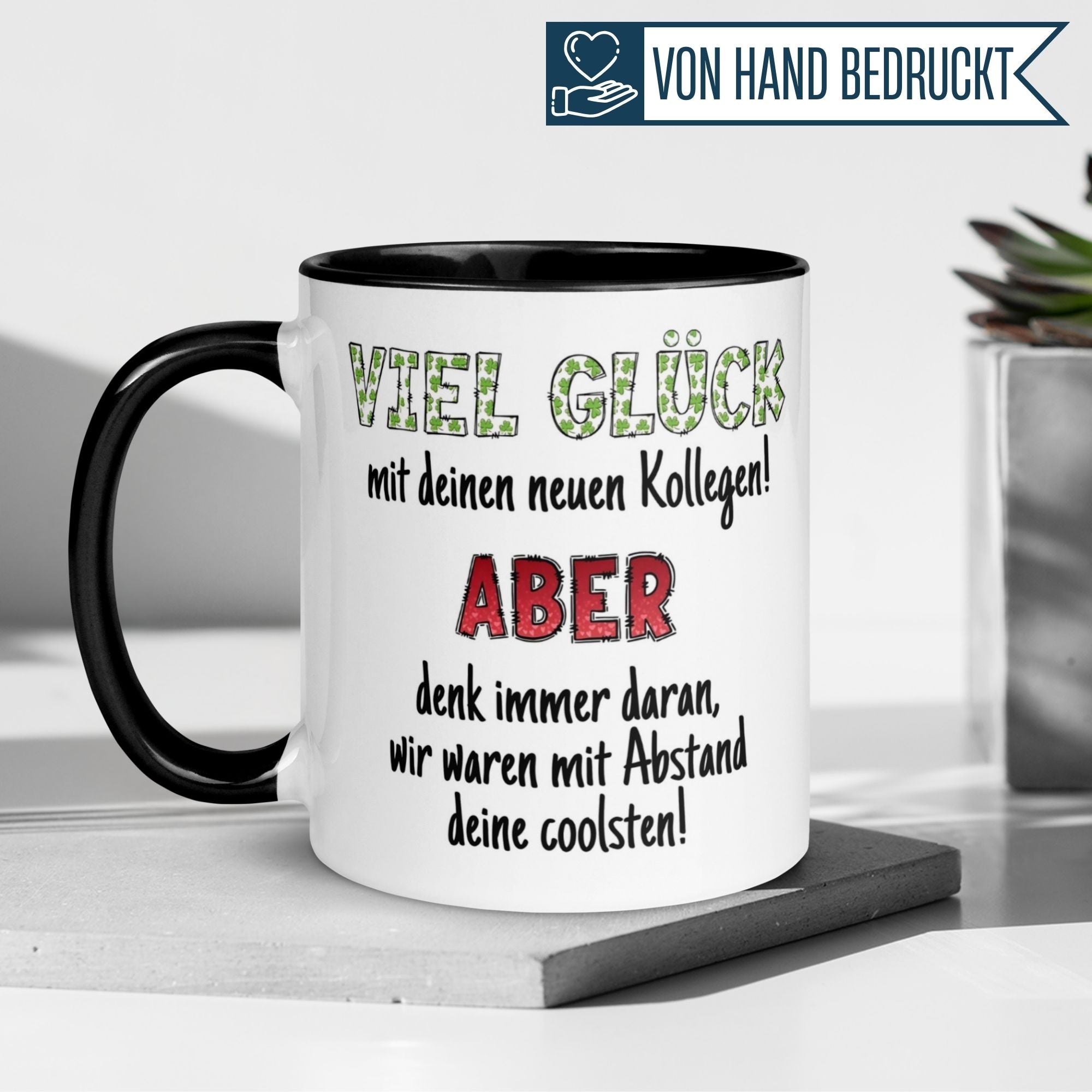 Momentals Tasse Abschied mit Kleeblättern und spritzigem Spruch für neue Kollegen.