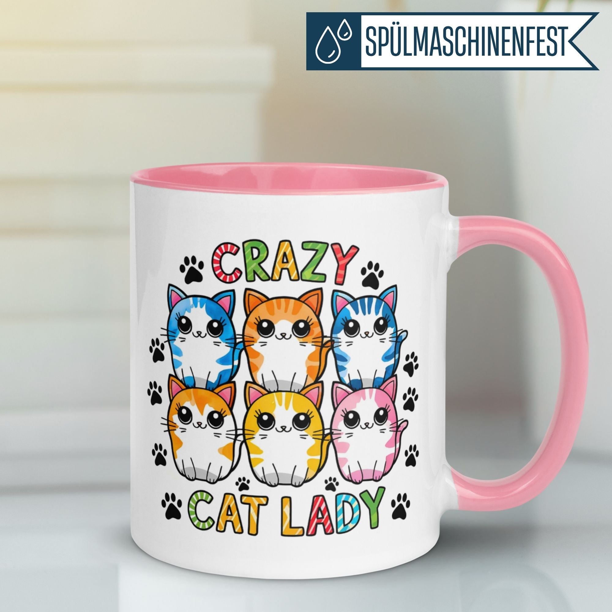 Momentals® Tasse für Katzenliebhaber, mit bunten Katzen und Spruch "Crazy Cat Lady", perfekt für Tierfreunde.