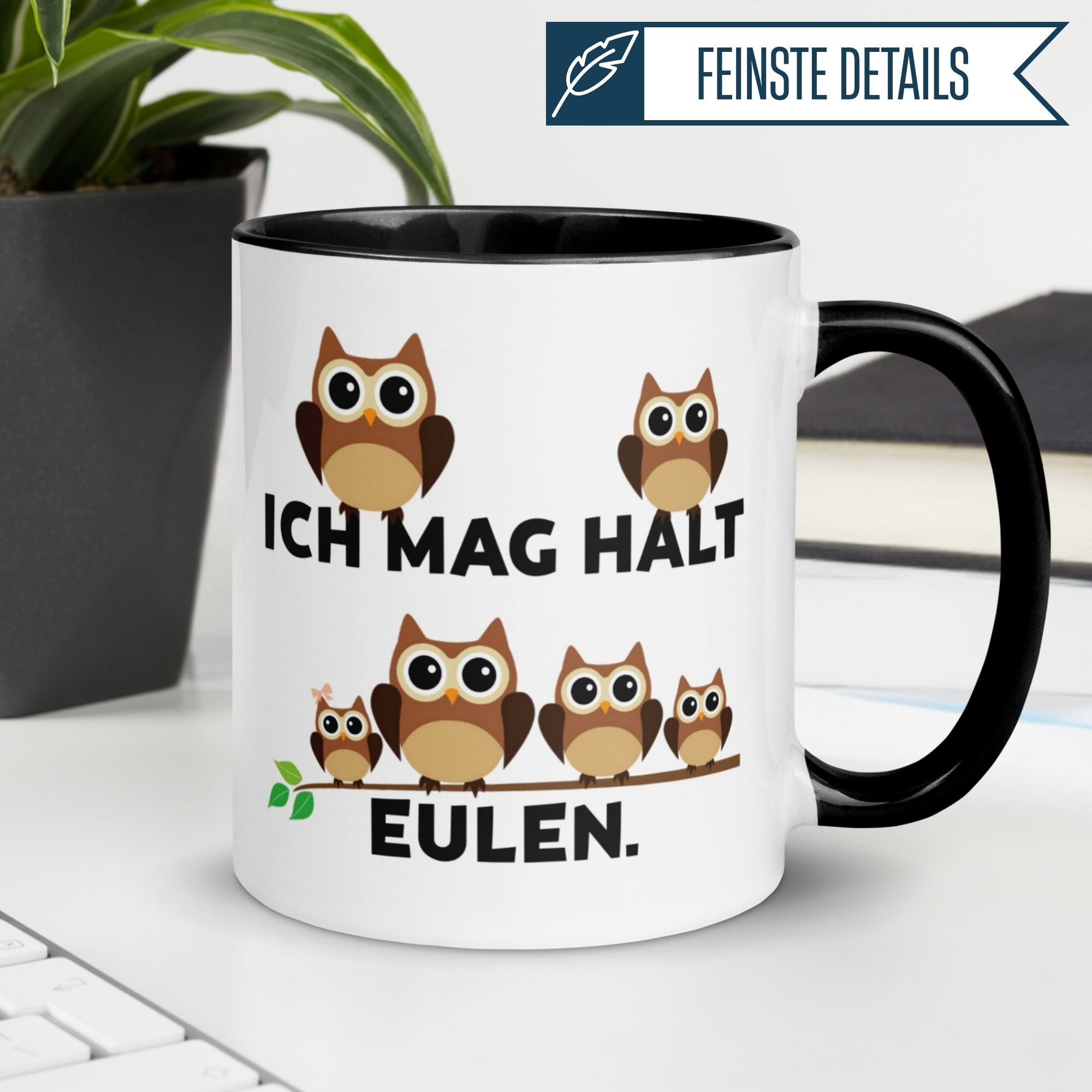Momentals Eule Tasse mit Spruch "Ich mag halt Eulen" und fröhlichen Eulen-Motiv.