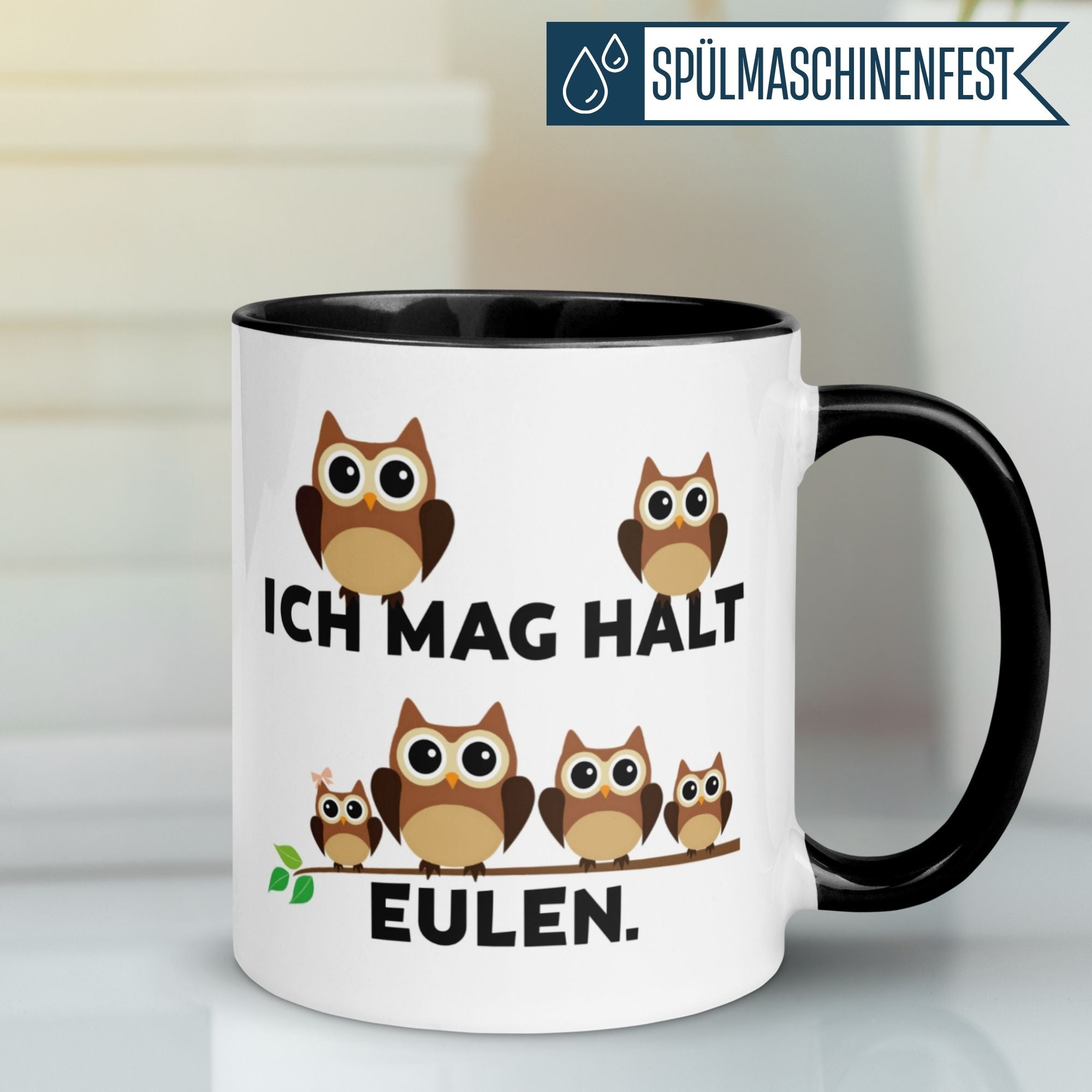 Momentals Tasse mit Eulen-Motiv und Spruch "Ich mag halt Eulen". Humorvolles Design für Tierliebhaber.