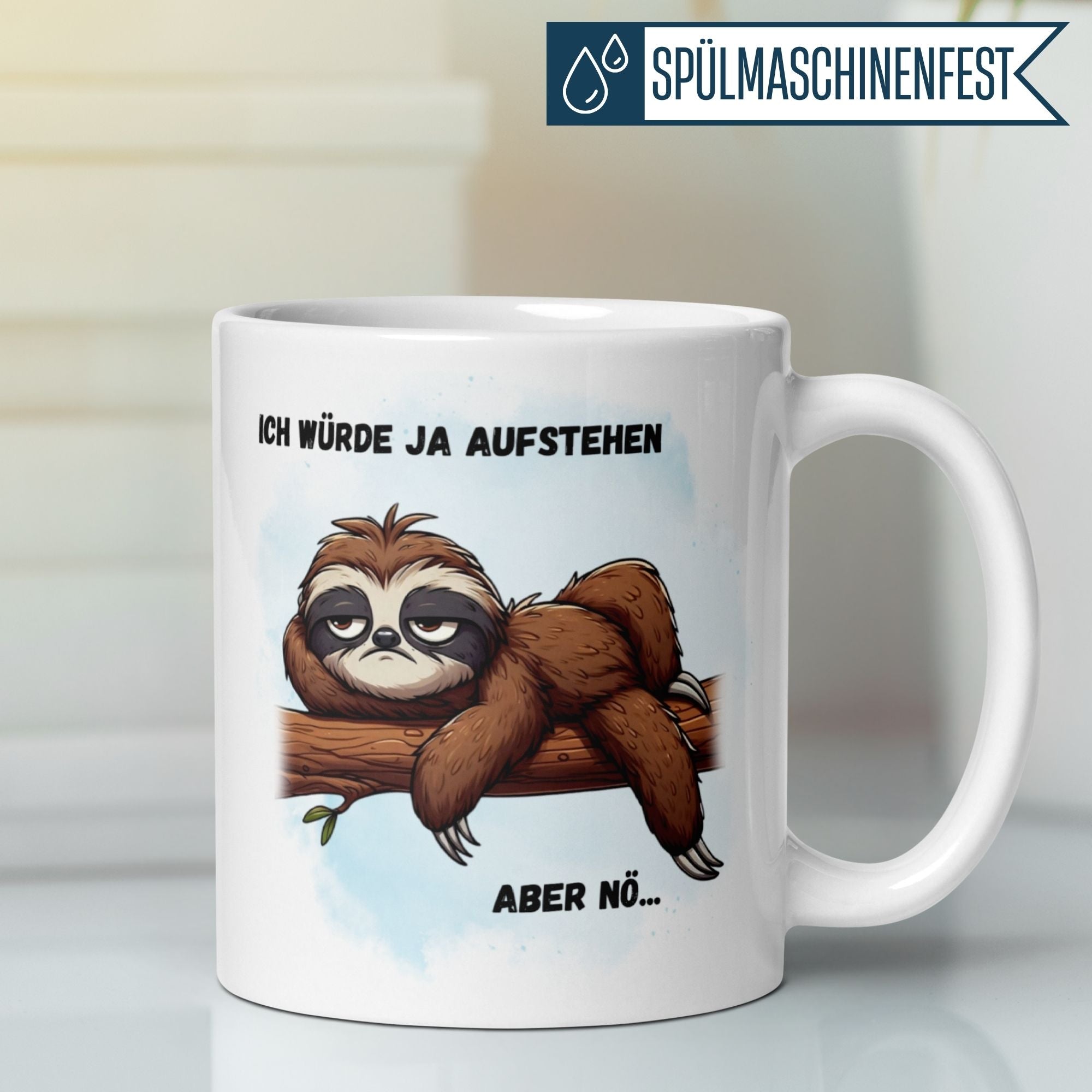 Momentals® Tasse mit Faultier und Spruch "Ich würde ja aufstehen - aber nö!" für Morgenmuffel.