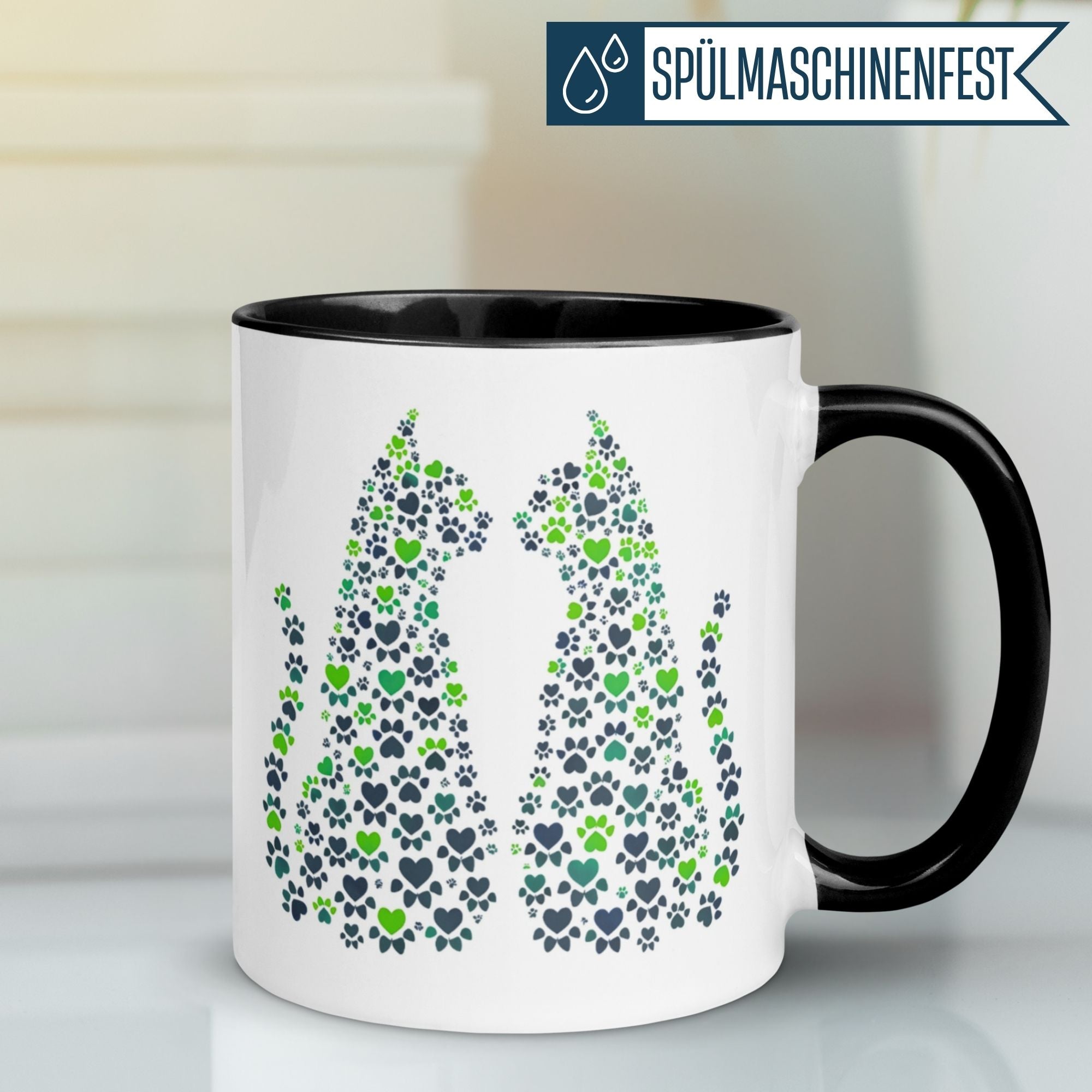 Momentals® Tasse mit Katzenmotiven aus Herzen und Pfotenabdrücken für Katzenliebhaber