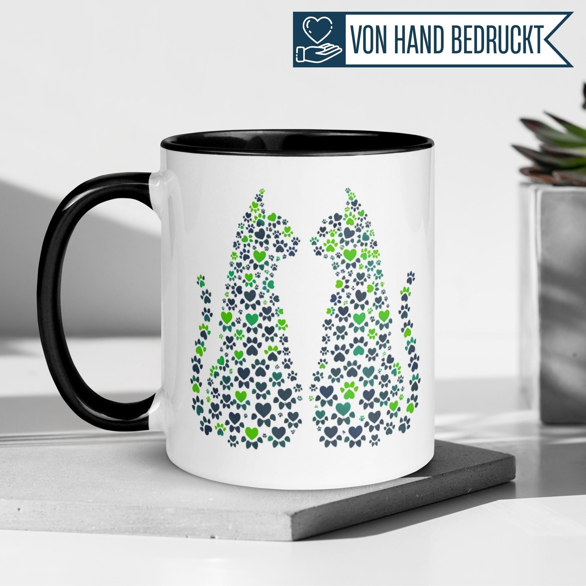 Momentals® Tasse mit zwei Katzen in Herz- und Pfotenmuster für Katzenliebhaber.