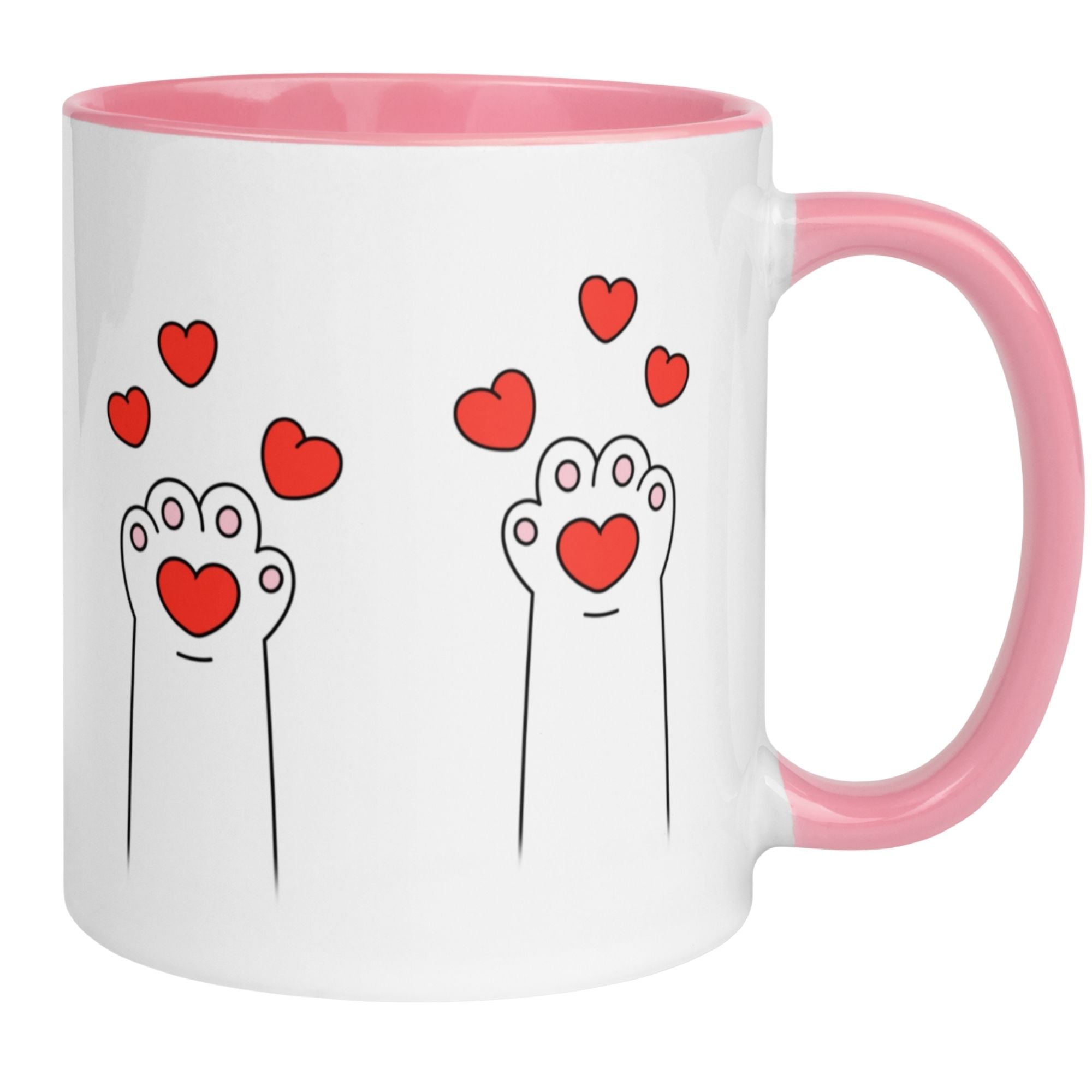 Momentals Tasse mit Katzenpfoten-Design und roten Herzen, perfekt für Katzenliebhaber.