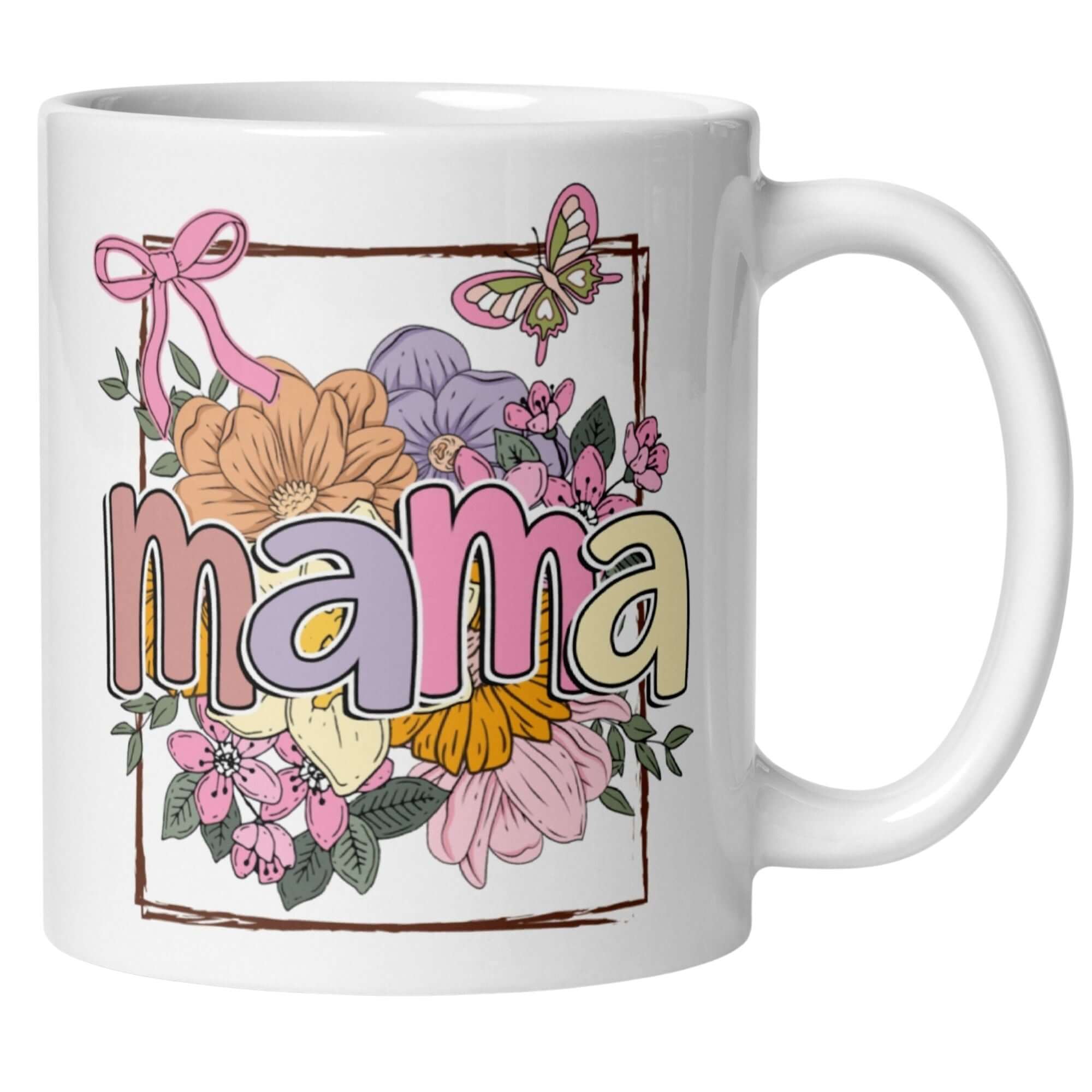 Momentals Tasse Mama mit buntem floralen Design und Schmetterling, ideal für besondere Anlässe.