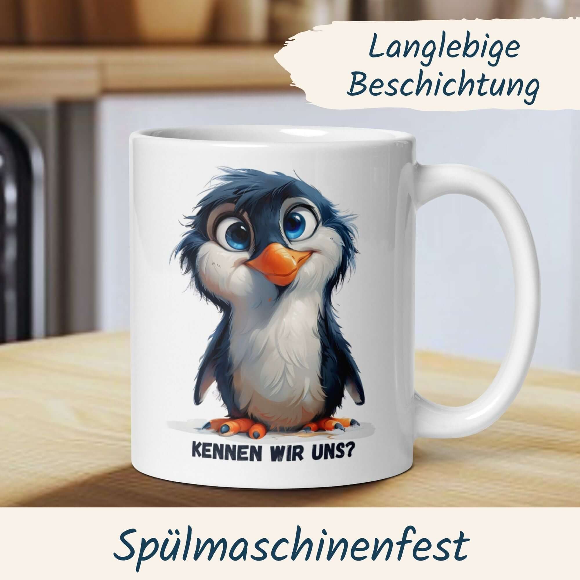 Momentals Tasse mit lustigem Pinguin-Motiv und Spruch "Kennen wir uns?" für humorvolle Menschen.