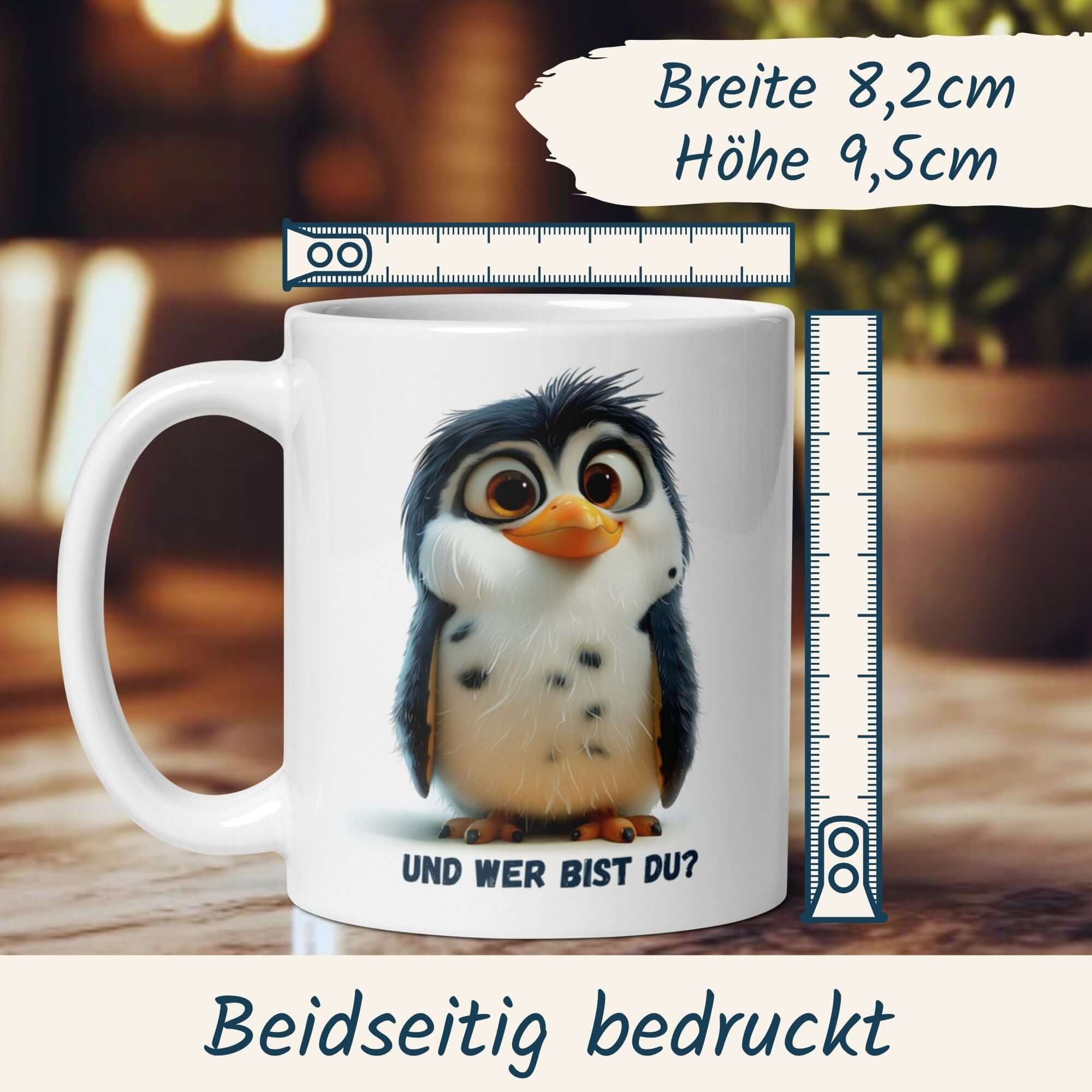 White mug featuring a curious penguin with the phrase 'Und wer bist du?' for cheerful coffee breaks.