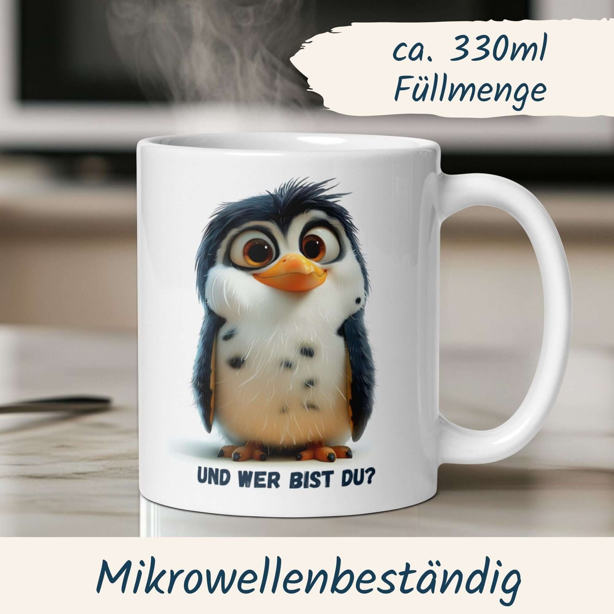 Mug with a charming penguin and the text 'Und wer bist du?', great for sparking conversations.