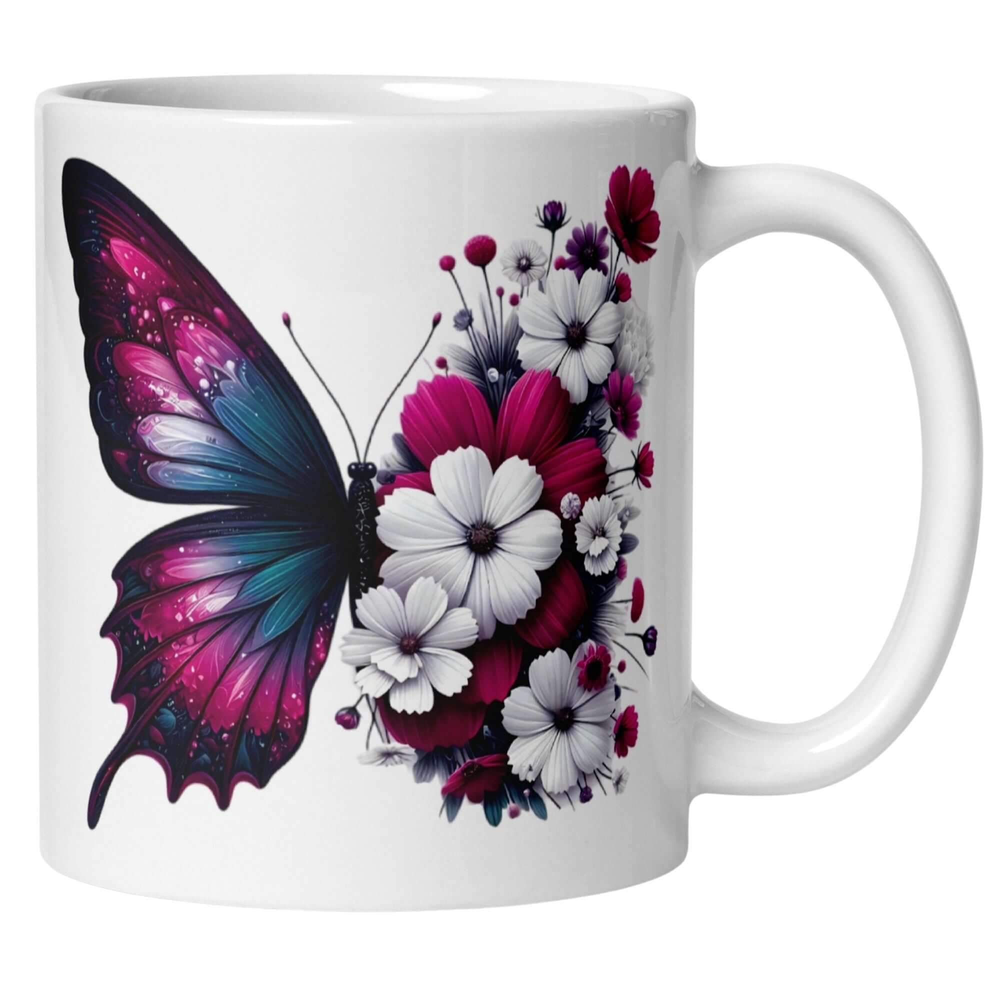 Momentals® Tasse mit Schmetterling und Blumen in Fuchsia, Magenta und Weiß – elegante Naturkunst.
