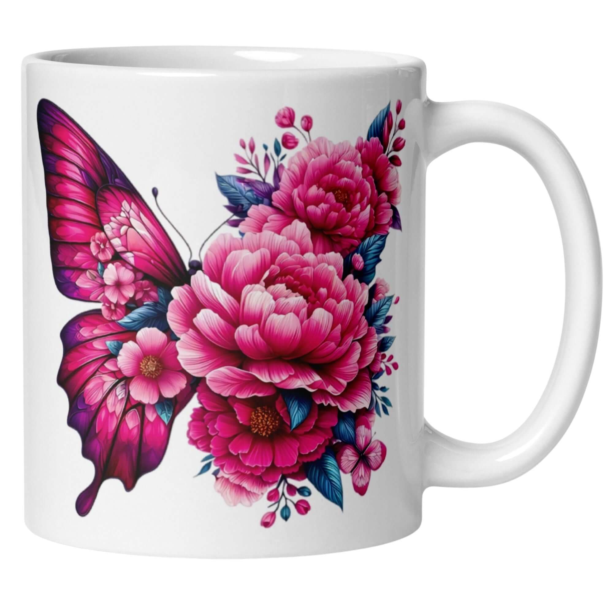 Momentals® Tasse mit pinkem Schmetterling und blühenden Blumen in leuchtenden Farben.