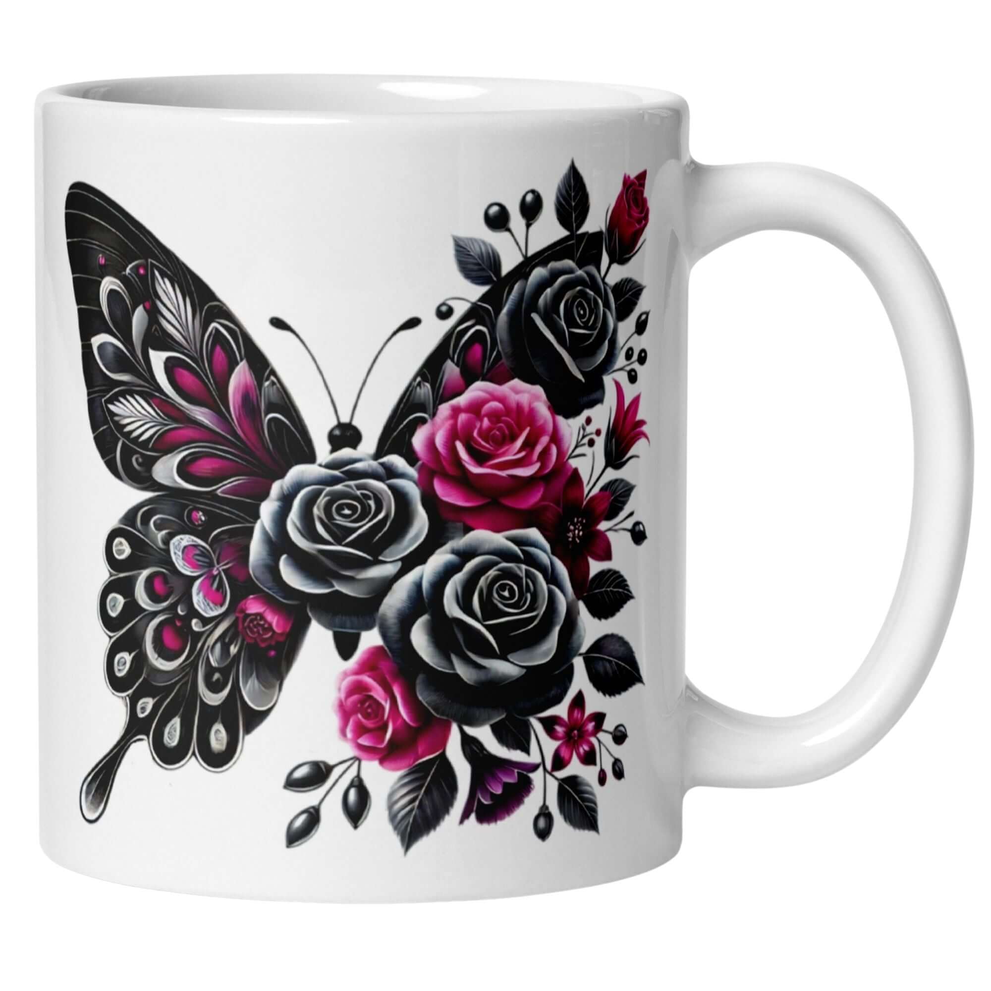 Elegant black and pink mug featuring a butterfly and detailed rose design, perfect for morning coffee.