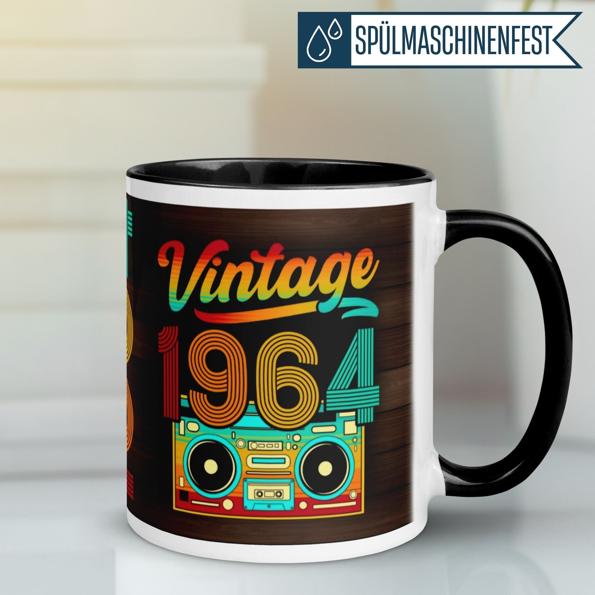 Vintage 1964 birthday mug with colorful retro design, perfect for celebrating the 61st birthday.