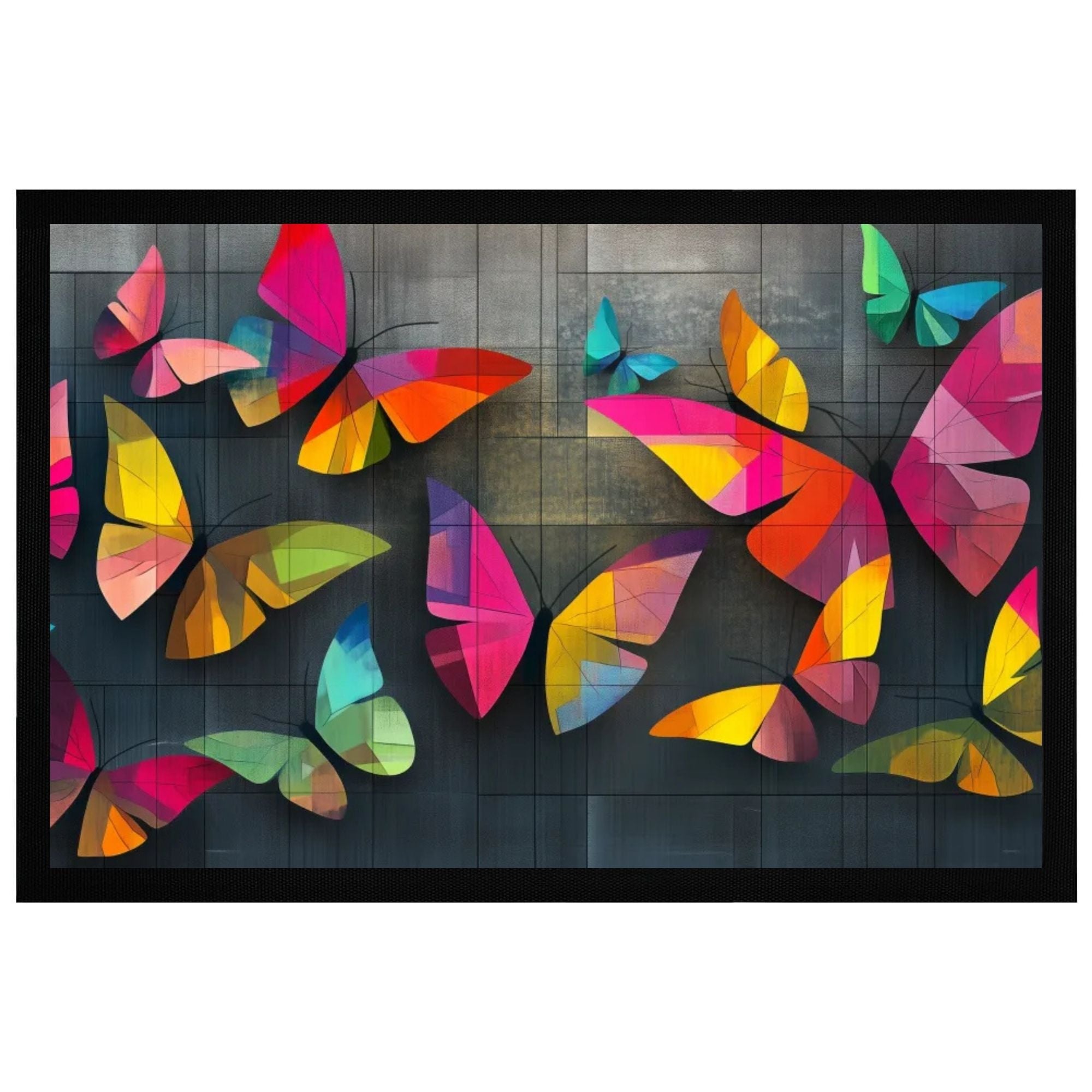Bunte Schmetterlingskunst auf Fußmatte, 60x40cm, mit rutschfester Rückseite für einen einladenden Eingangsbereich.