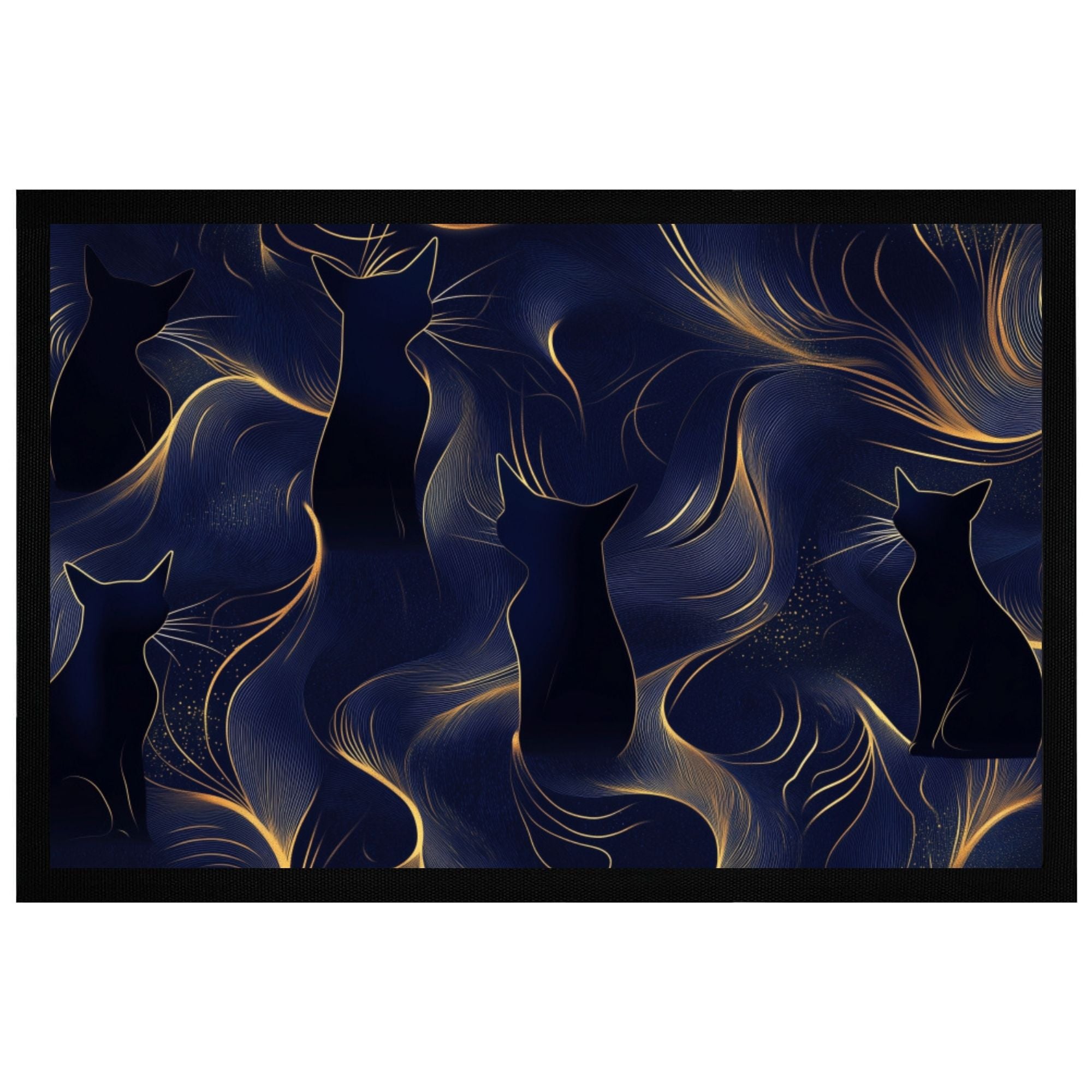 Elegante Momentals Fußmatte mit schwarzen Katzen-Silhouetten und goldenen Akzenten, rutschfest, 60x40cm.